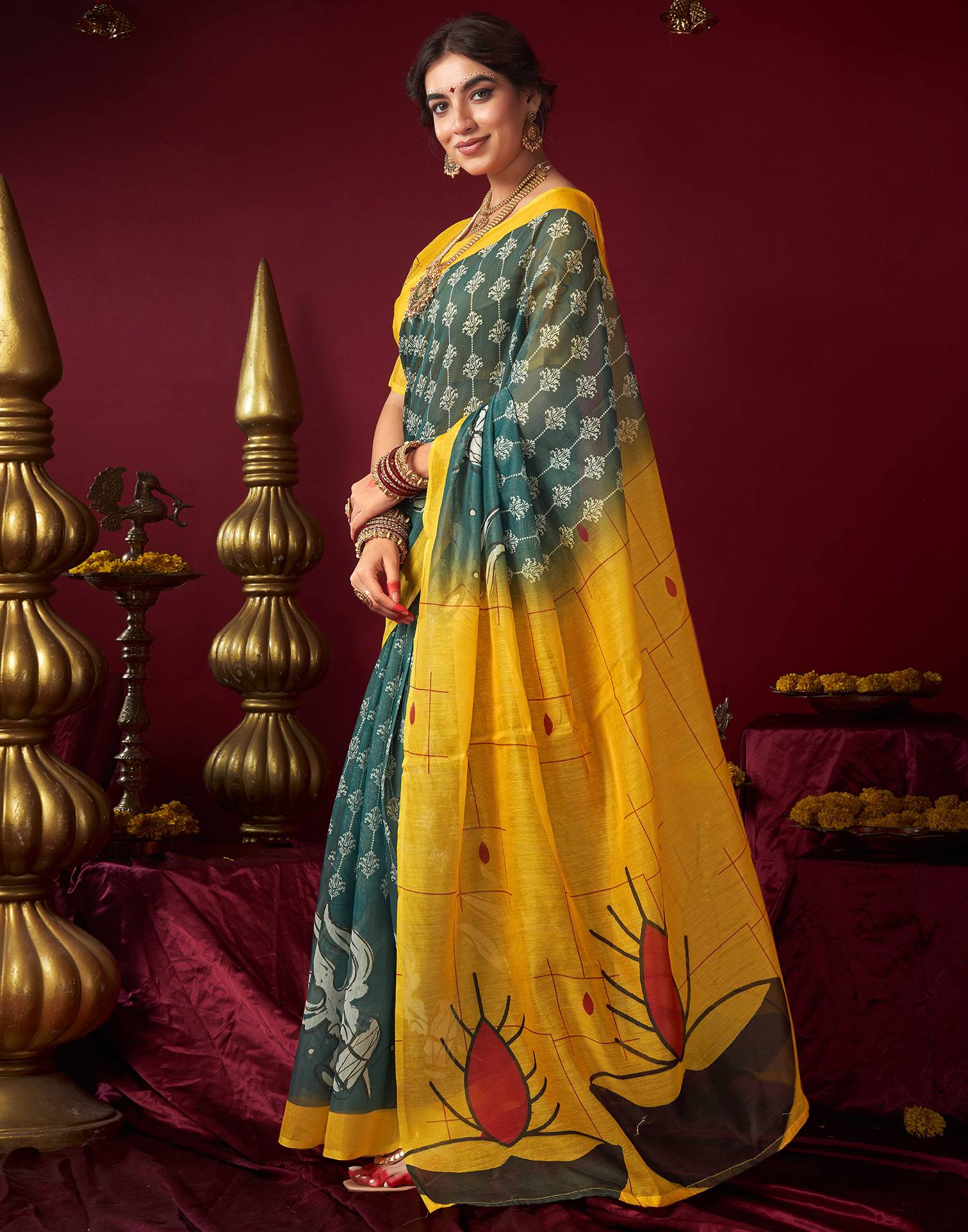Dusty Rama Green Chanderi Printed Saree