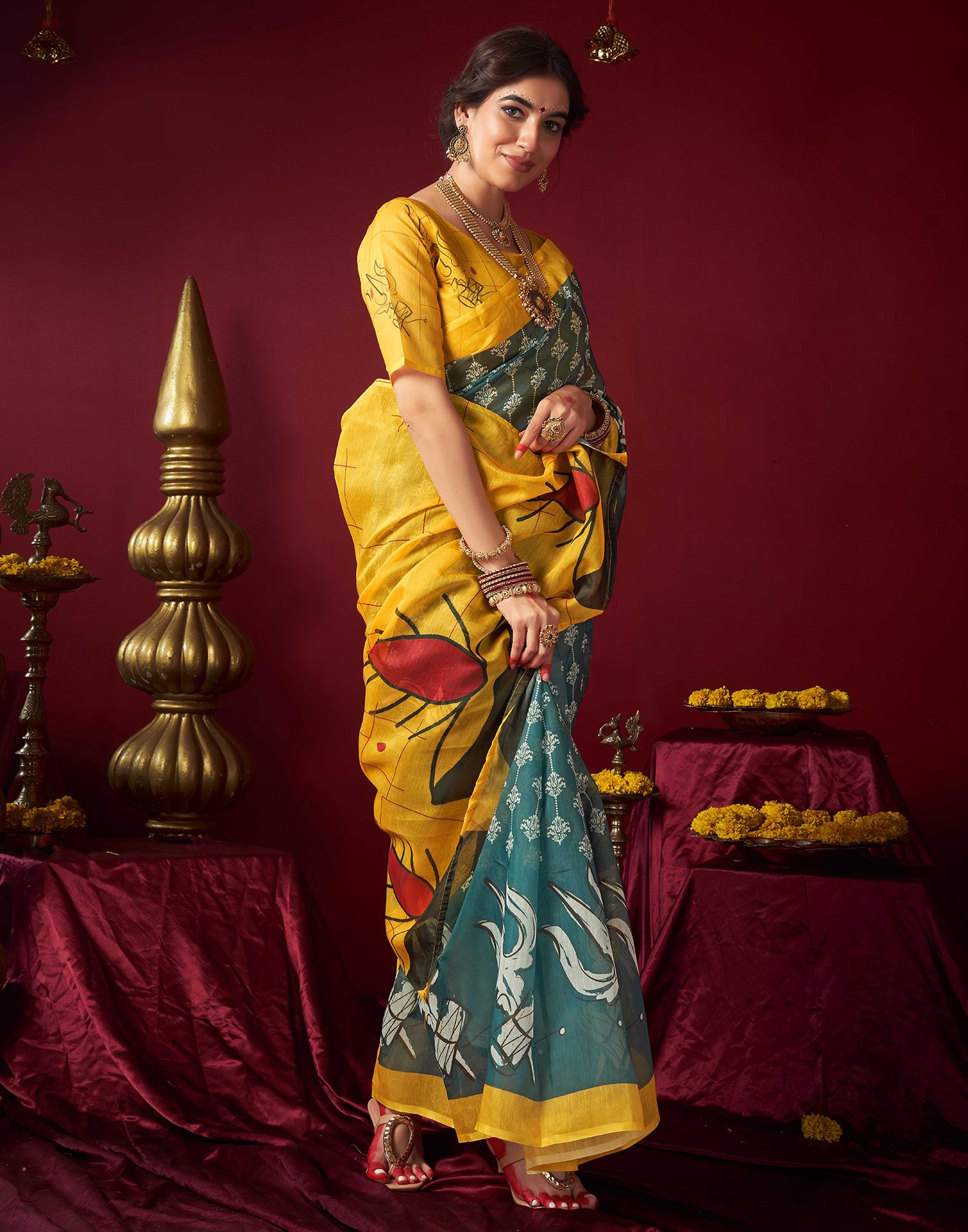 Dusty Rama Green Chanderi Printed Saree