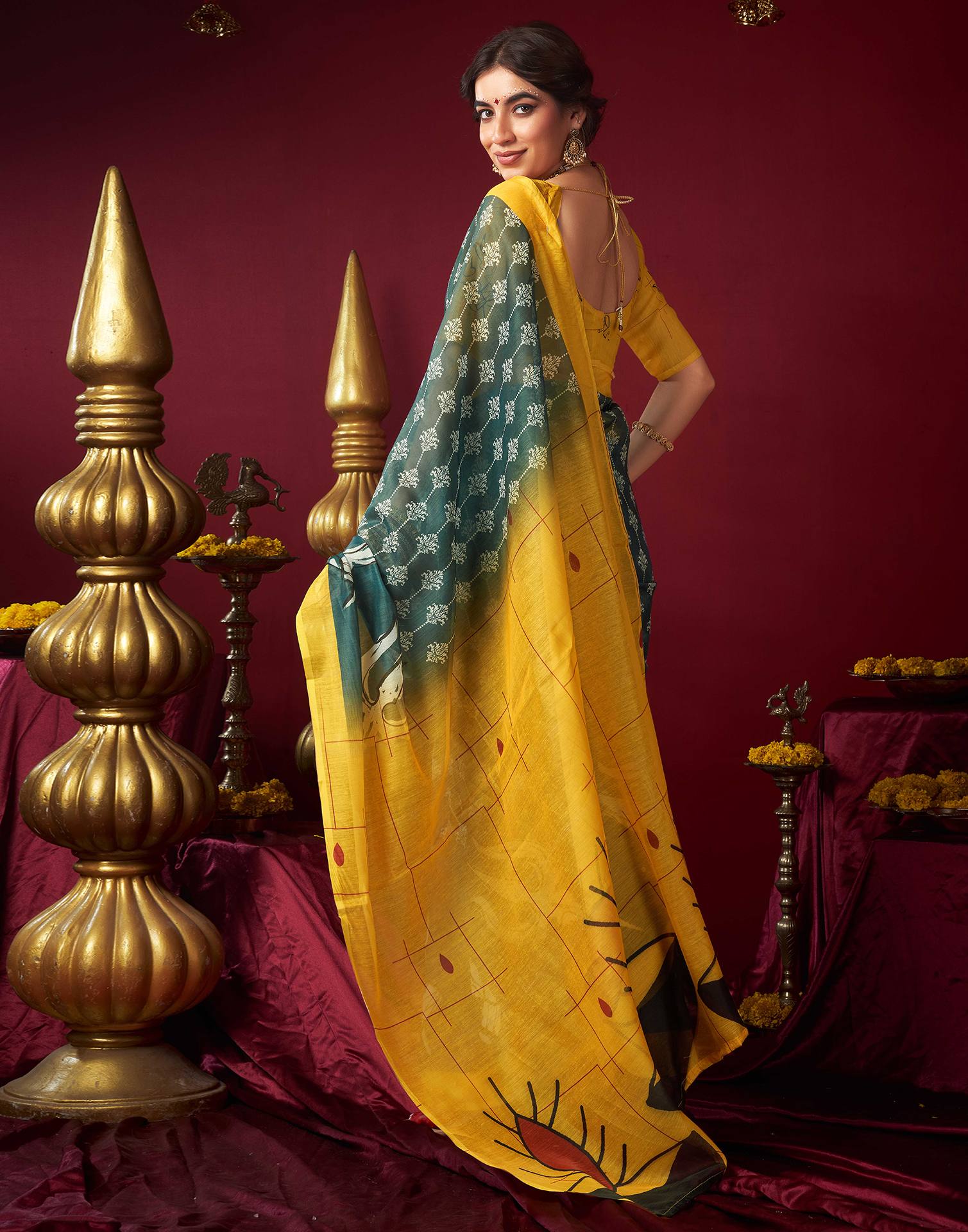 Dusty Rama Green Chanderi Printed Saree