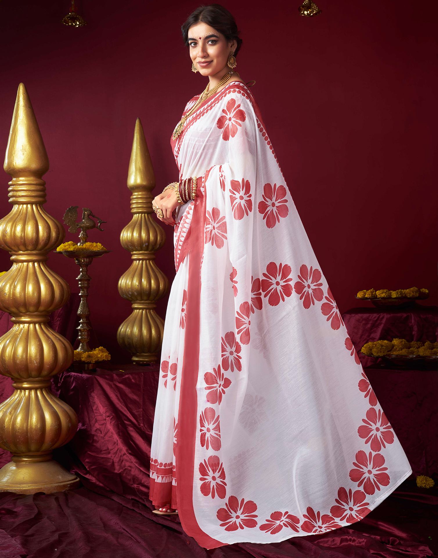 White Chanderi Printed Saree