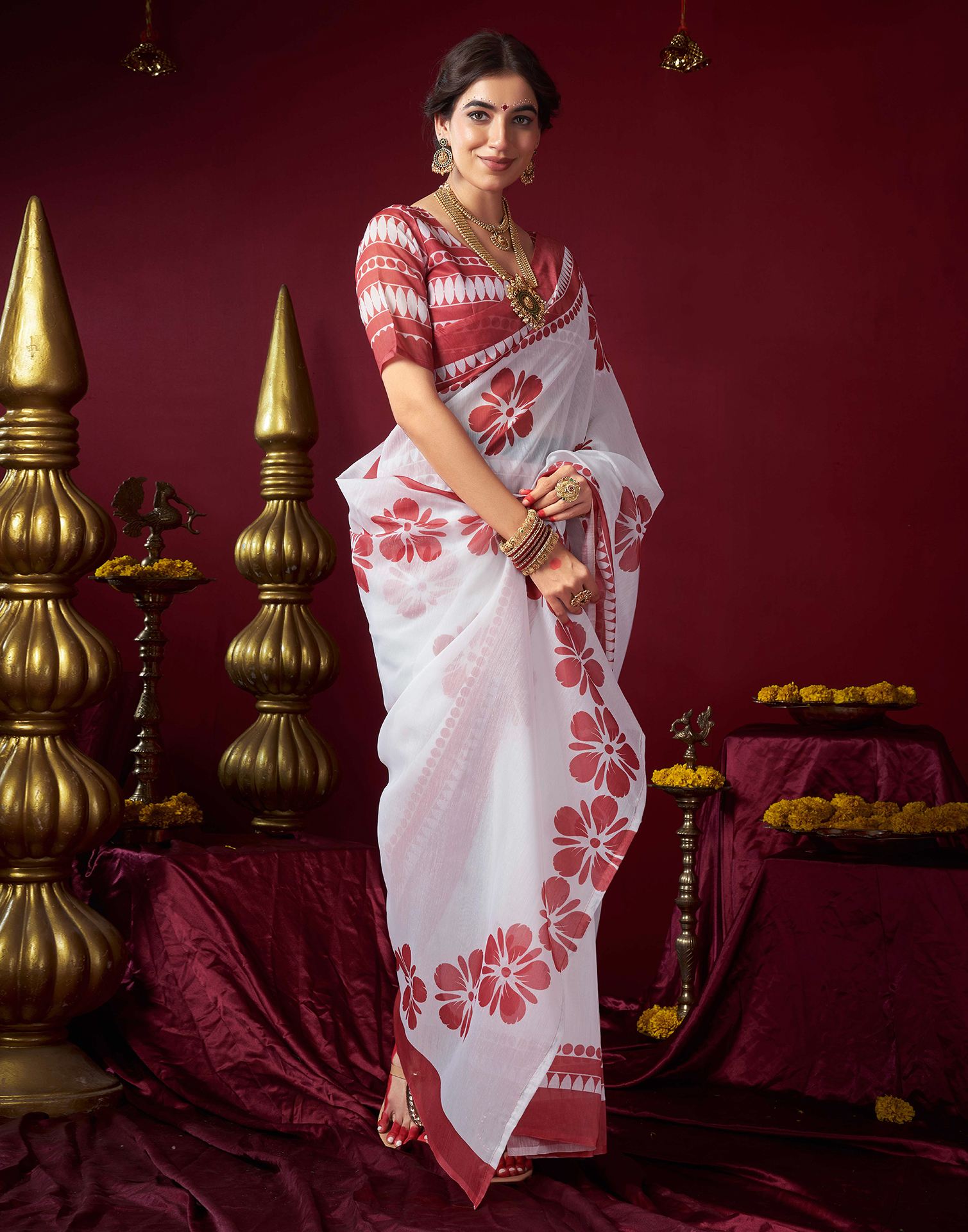 White Chanderi Printed Saree
