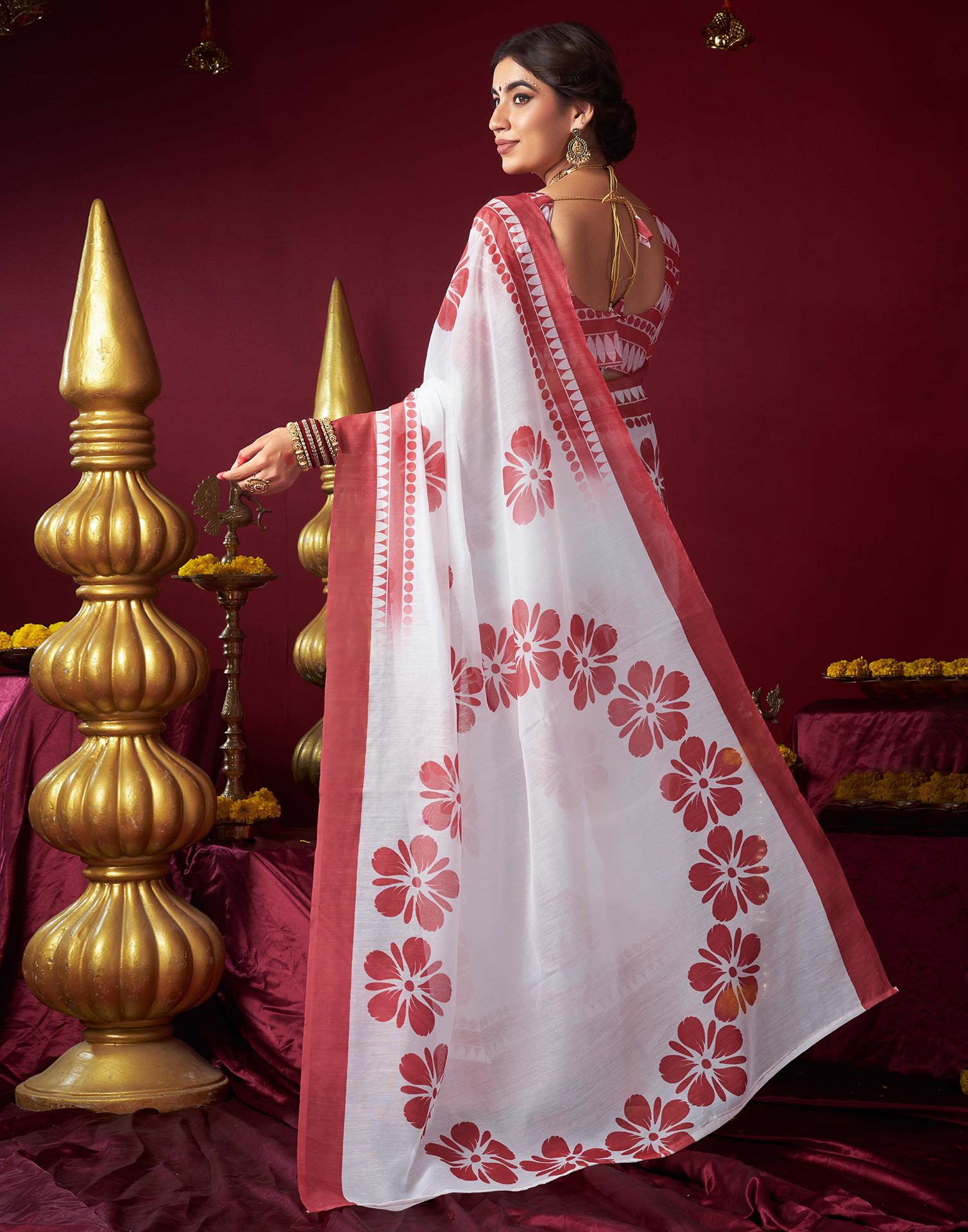 White Chanderi Printed Saree