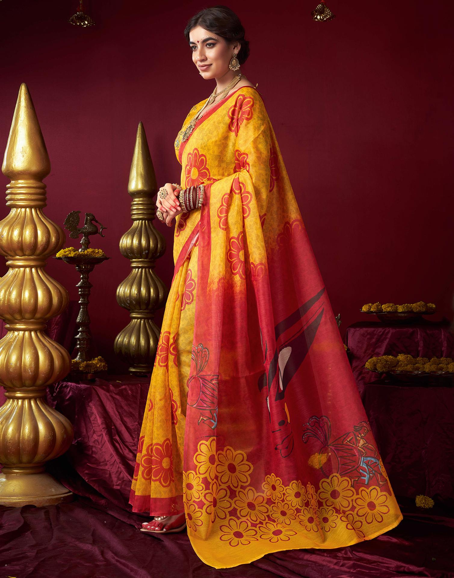 Yellow Chanderi Printed Saree