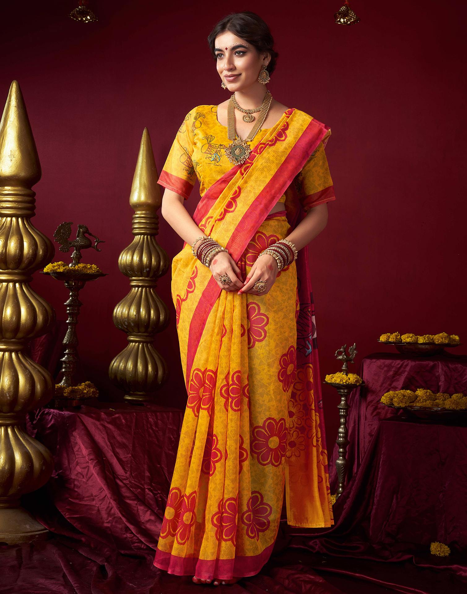 Yellow Chanderi Printed Saree