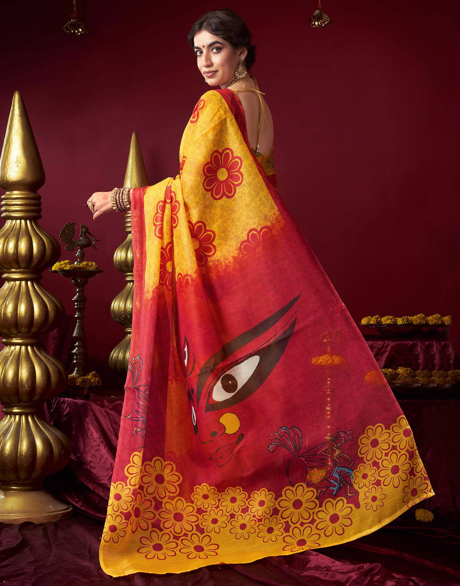 Yellow Chanderi Printed Saree