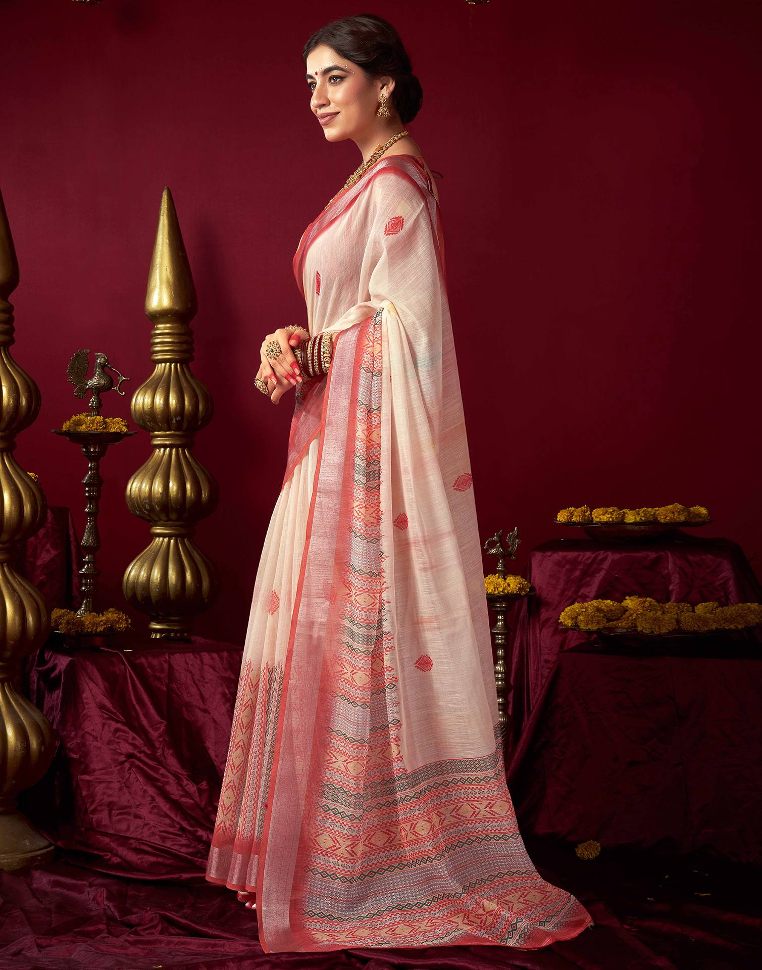 Cream Chanderi Printed Saree