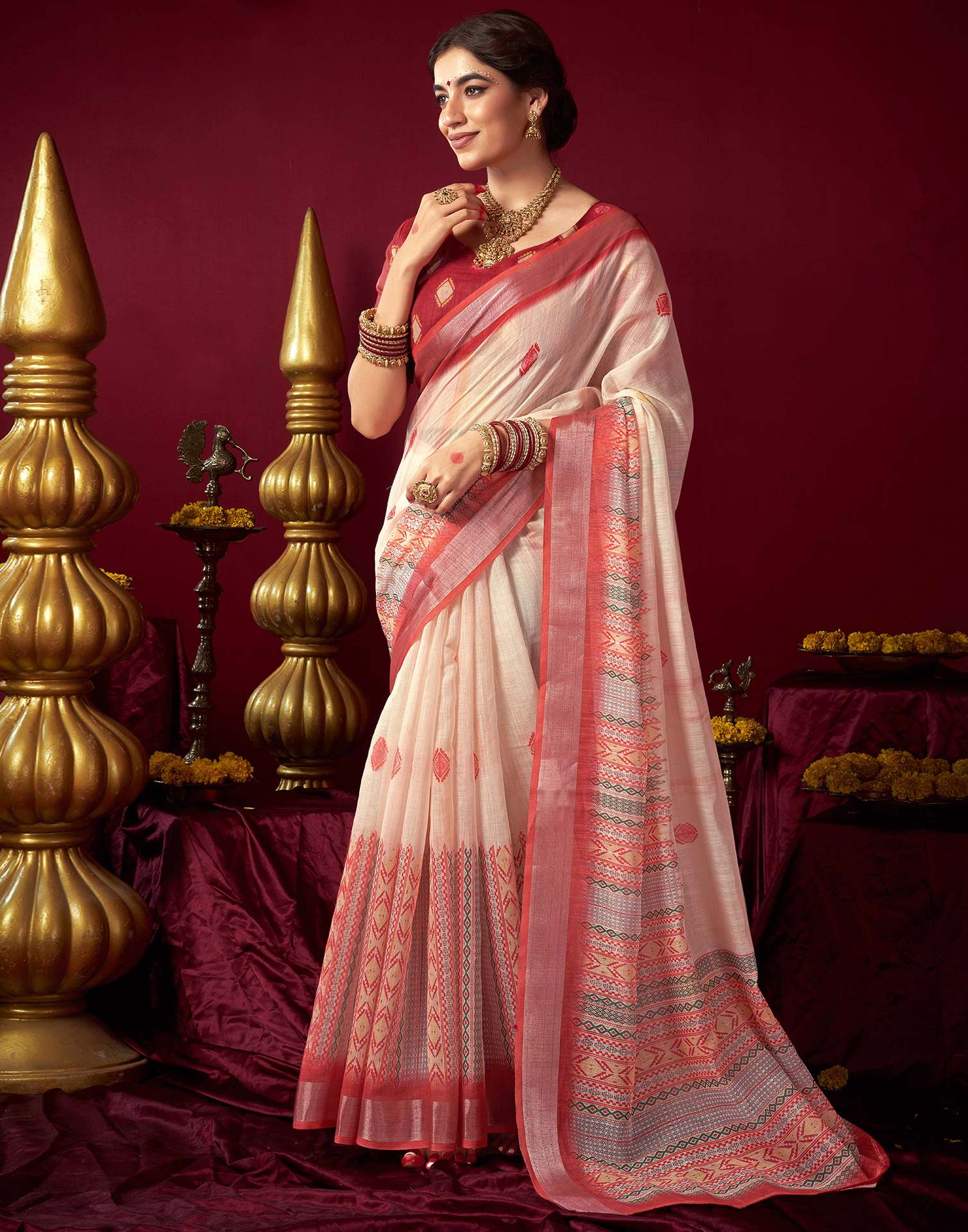 Cream Chanderi Printed Saree
