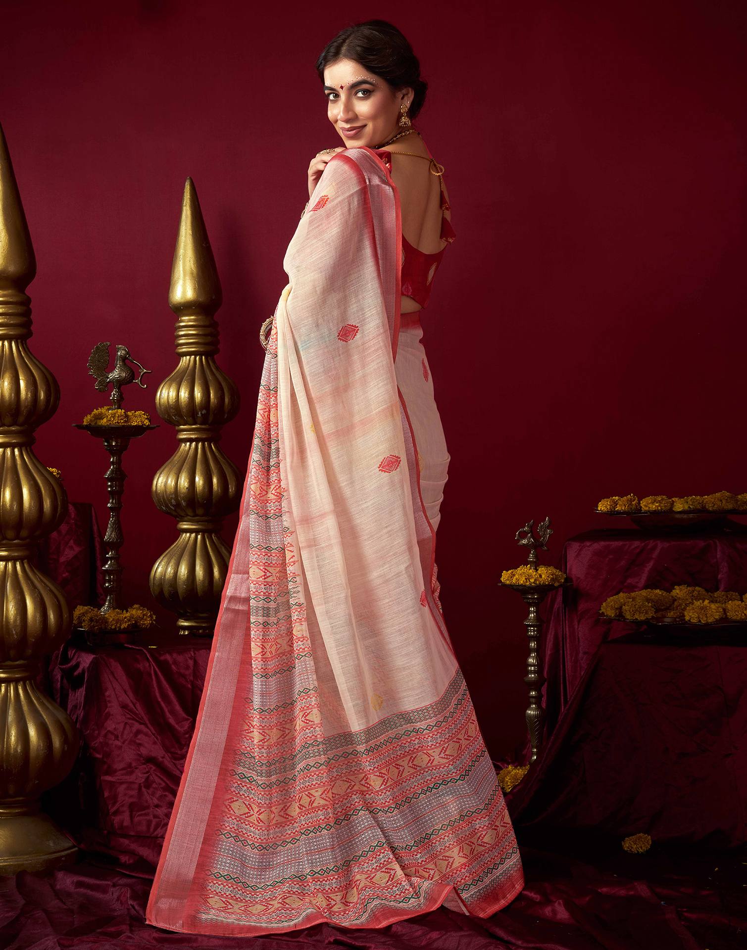 Cream Chanderi Printed Saree