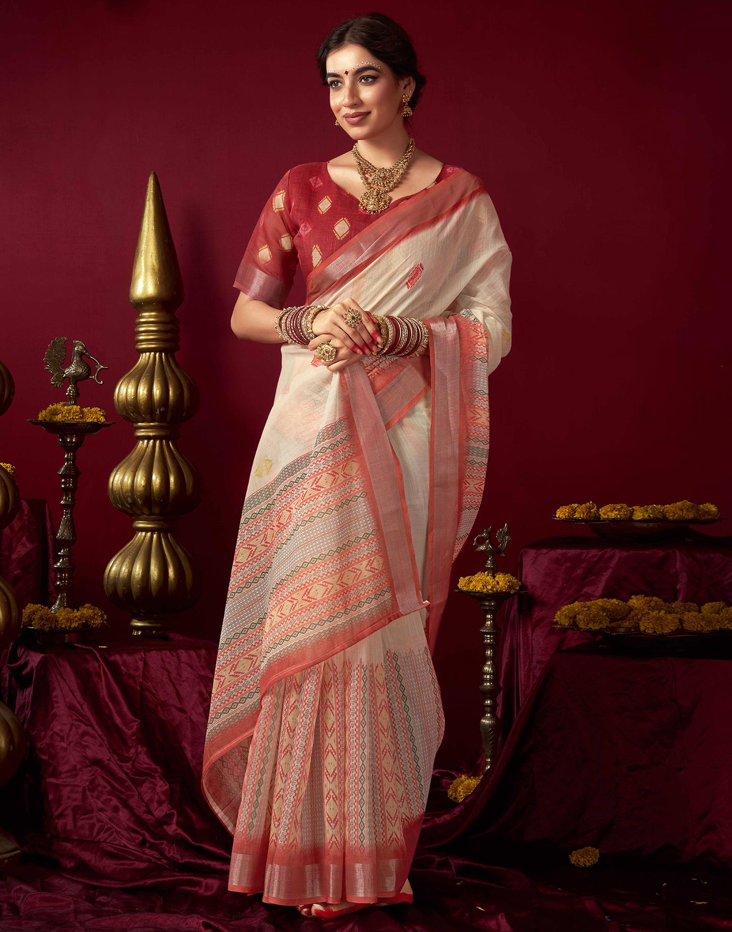 Cream Chanderi Printed Saree