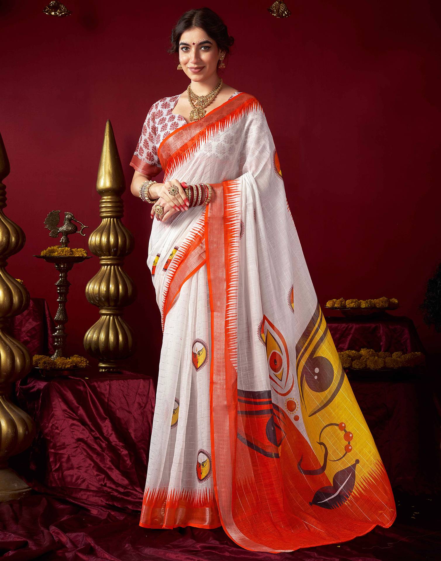 Off White Chanderi Zari Durga Puja Saree