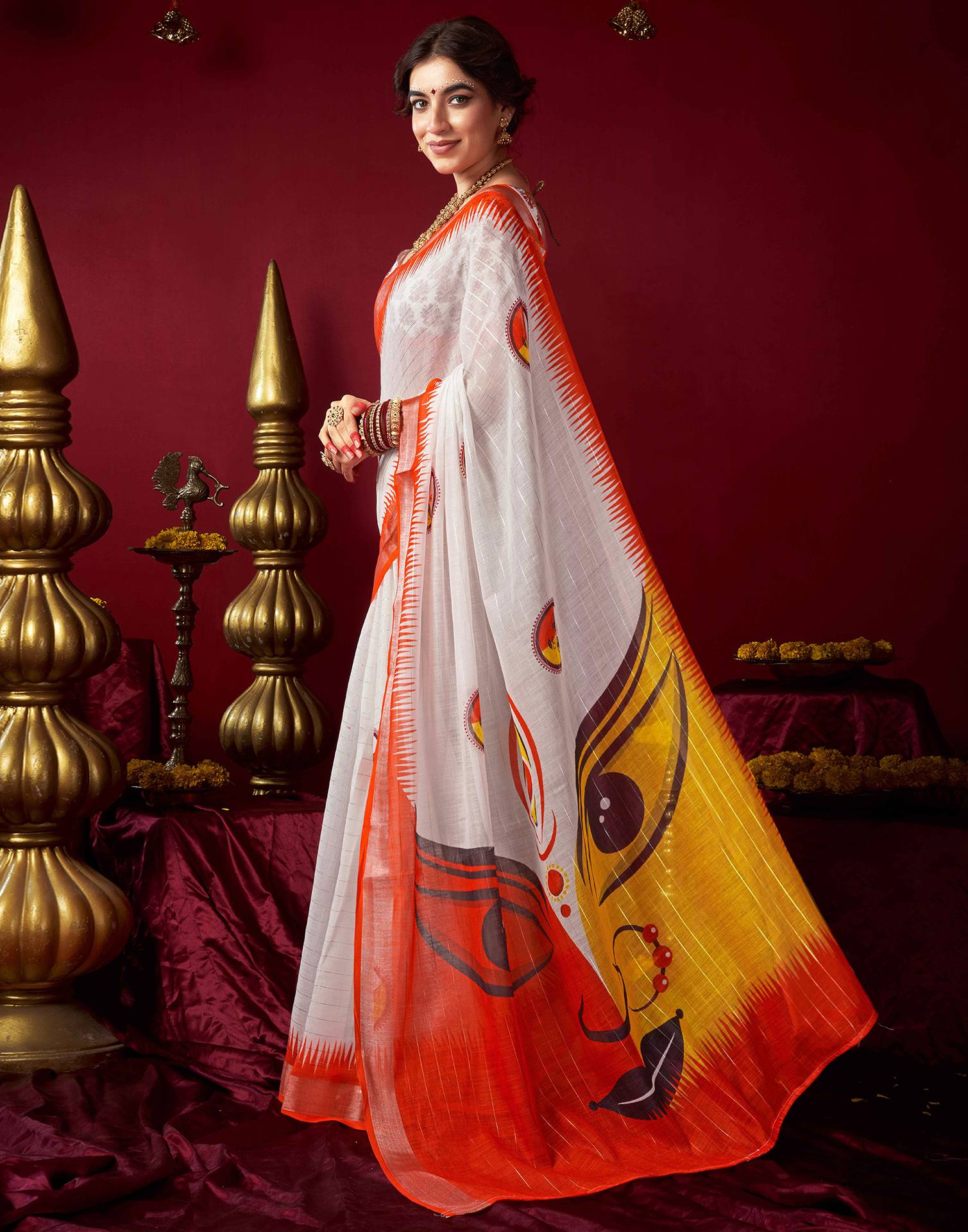 Off White Chanderi Zari Durga Puja Saree