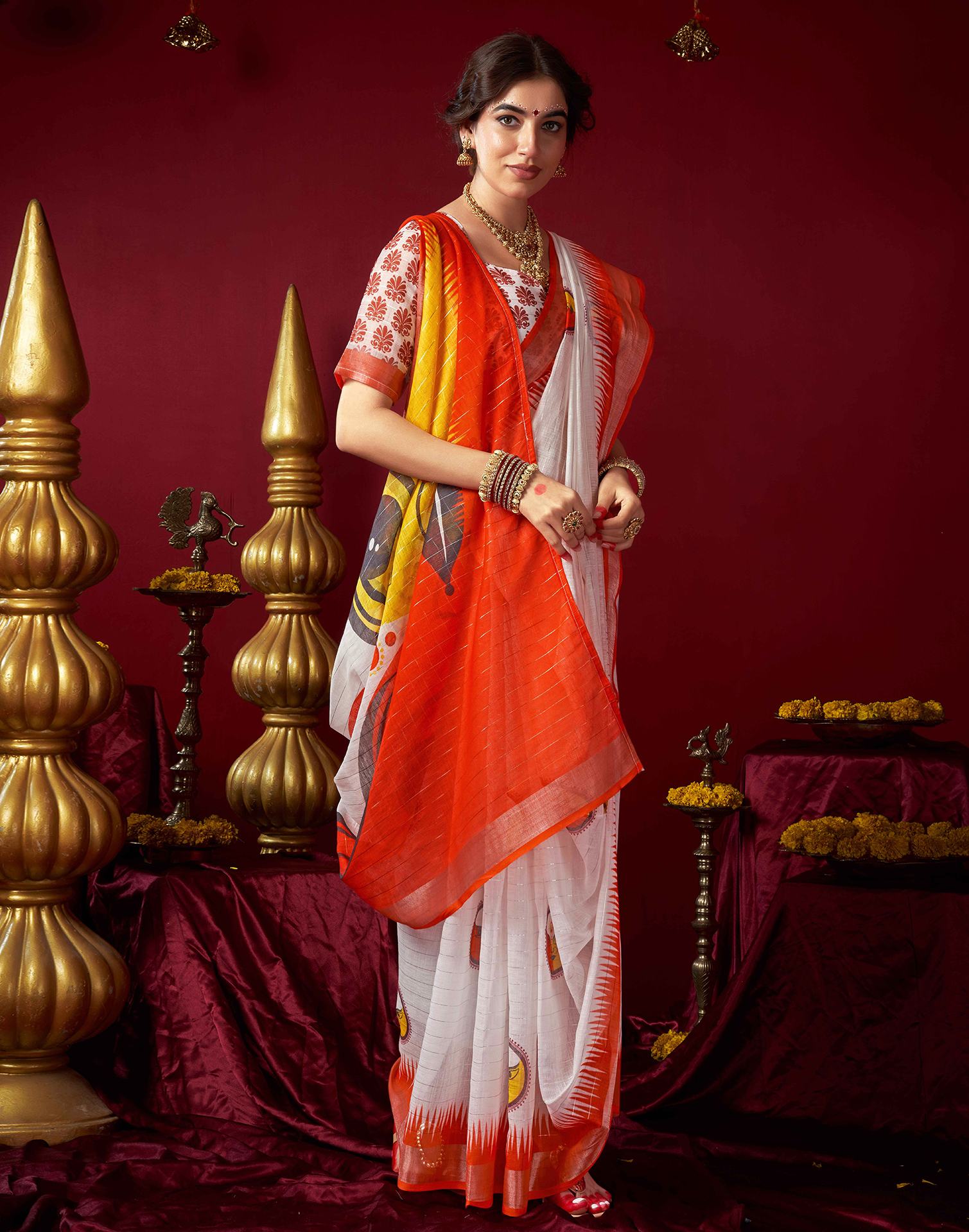 Off White Chanderi Zari Durga Puja Saree