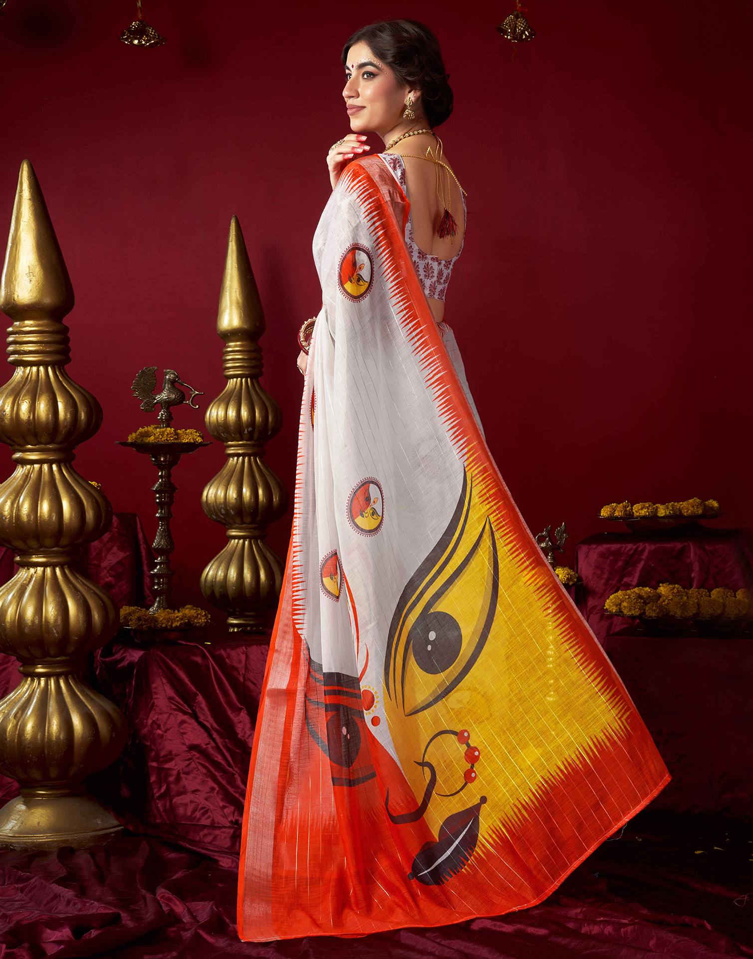 Off White Chanderi Zari Durga Puja Saree