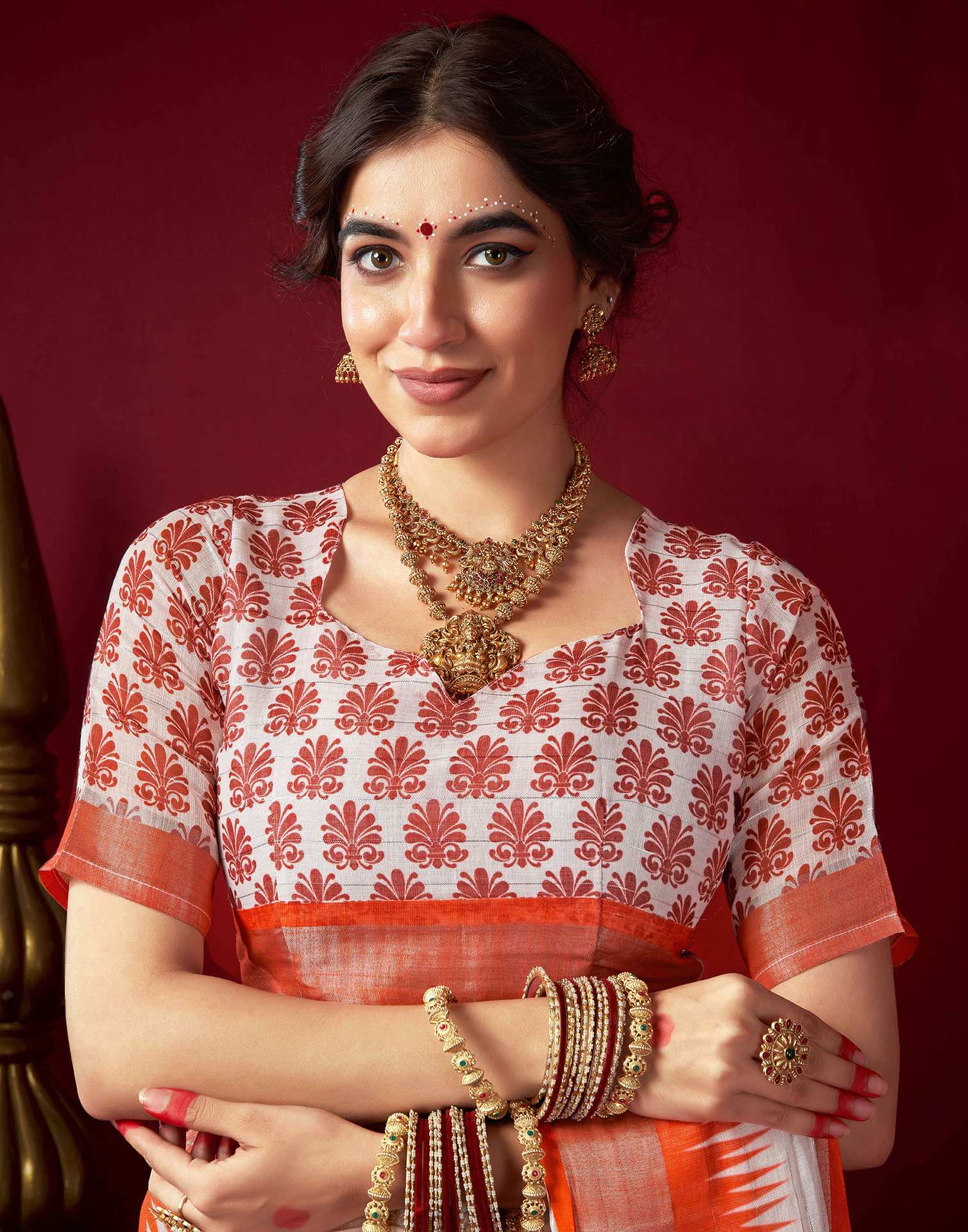 Off White Chanderi Zari Durga Puja Saree