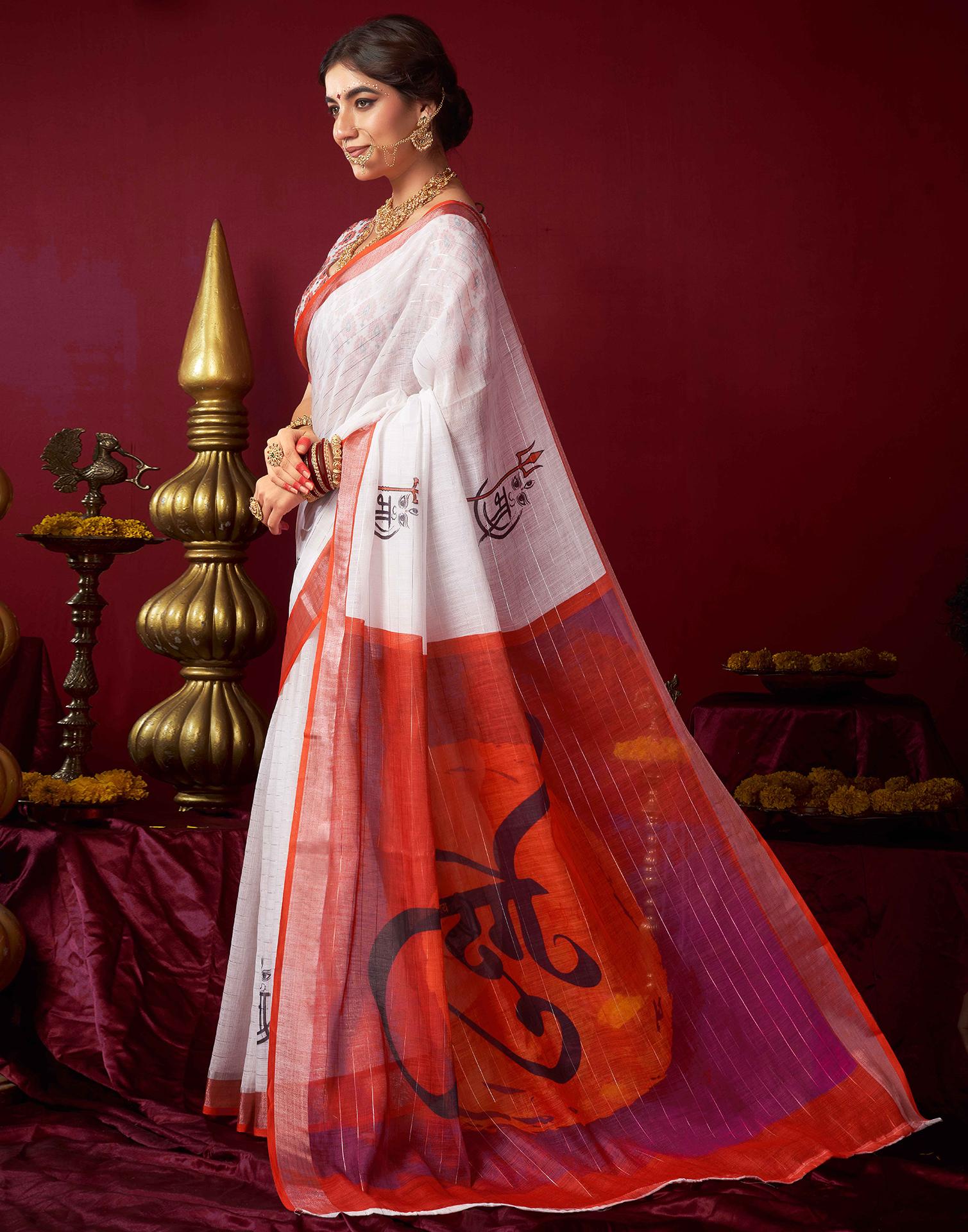 White Chanderi Zari Durga Puja Saree