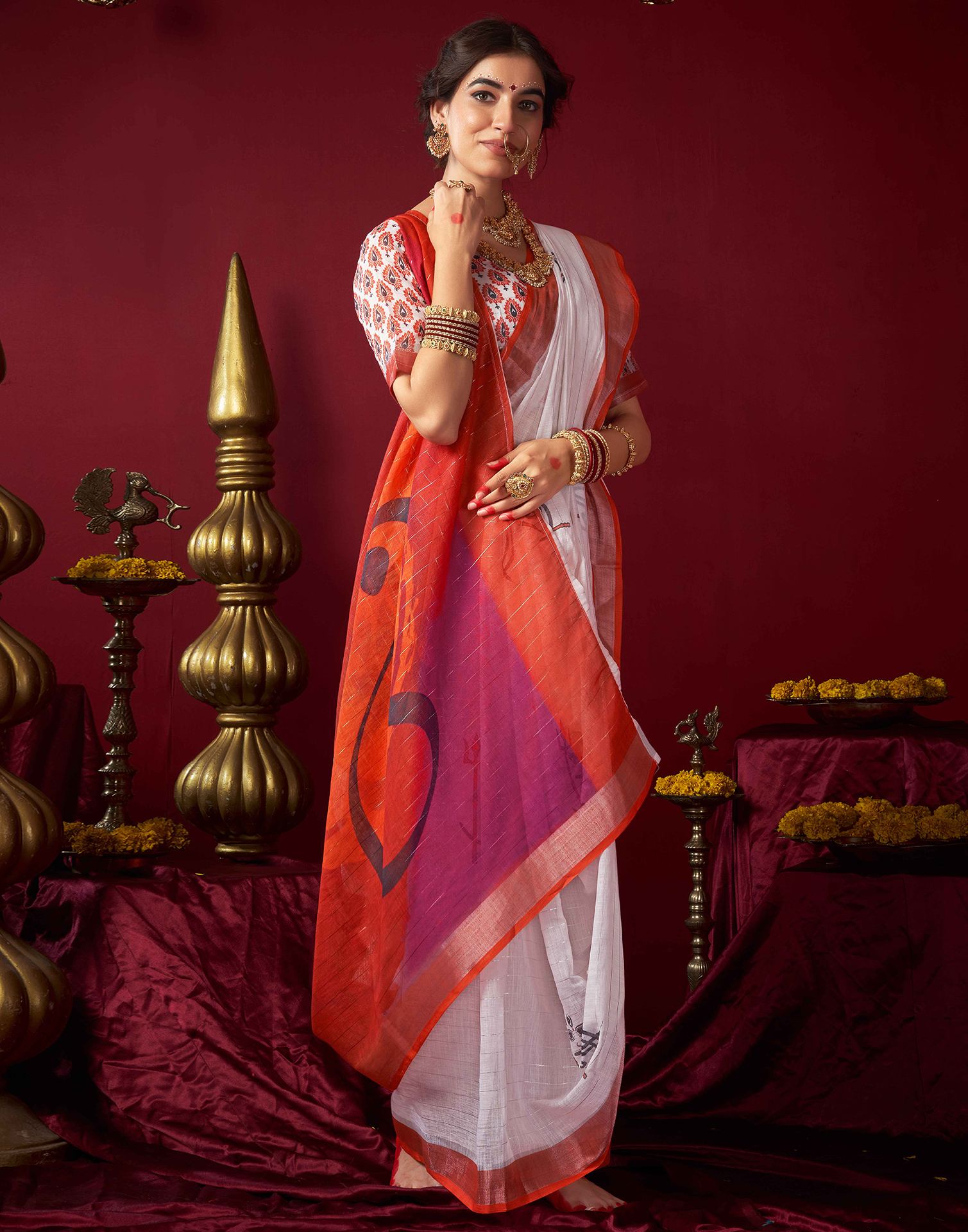 White Chanderi Zari Durga Puja Saree