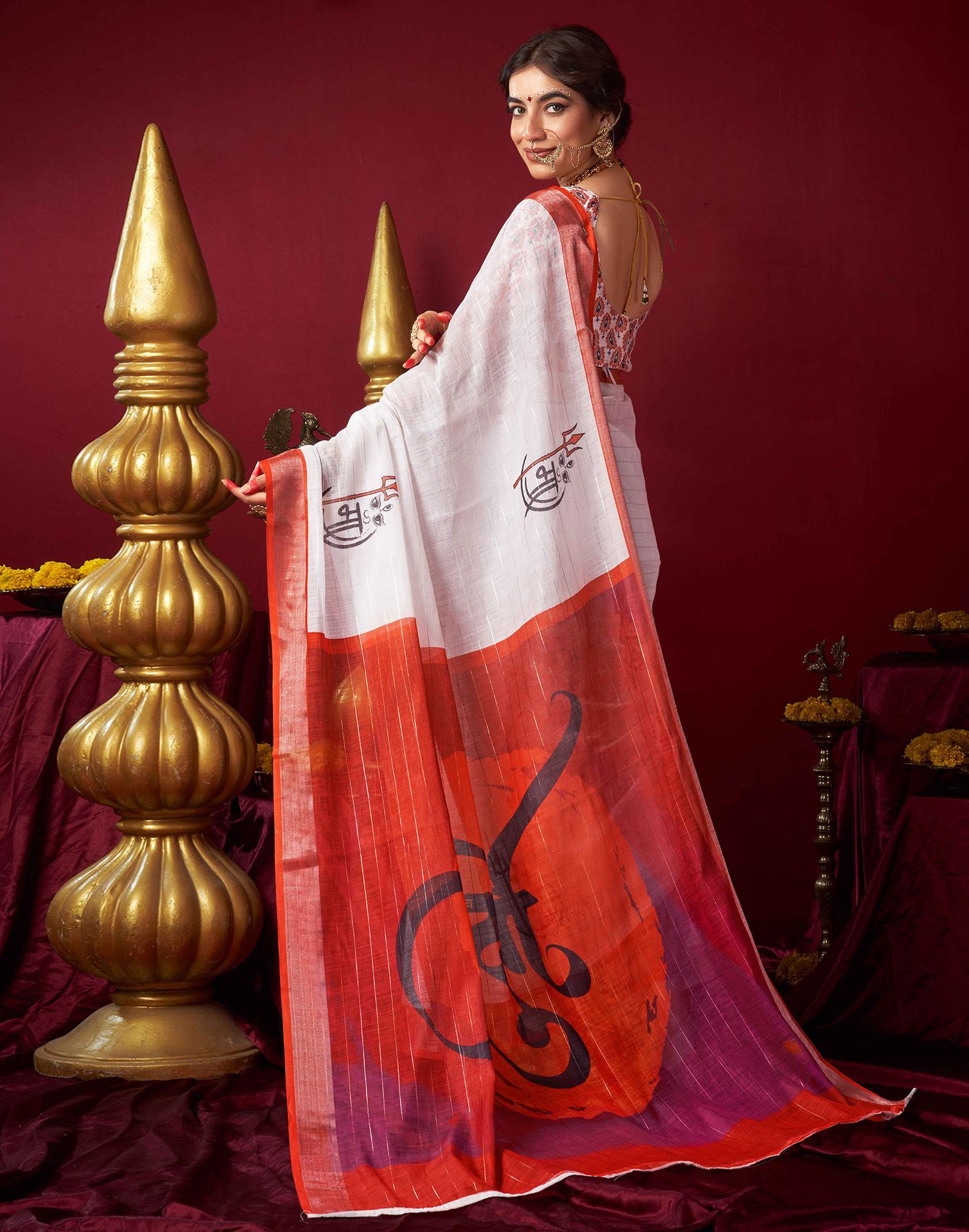White Chanderi Zari Durga Puja Saree