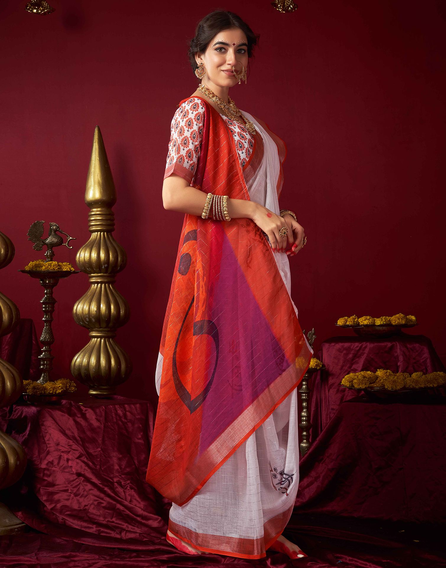 White Chanderi Zari Durga Puja Saree