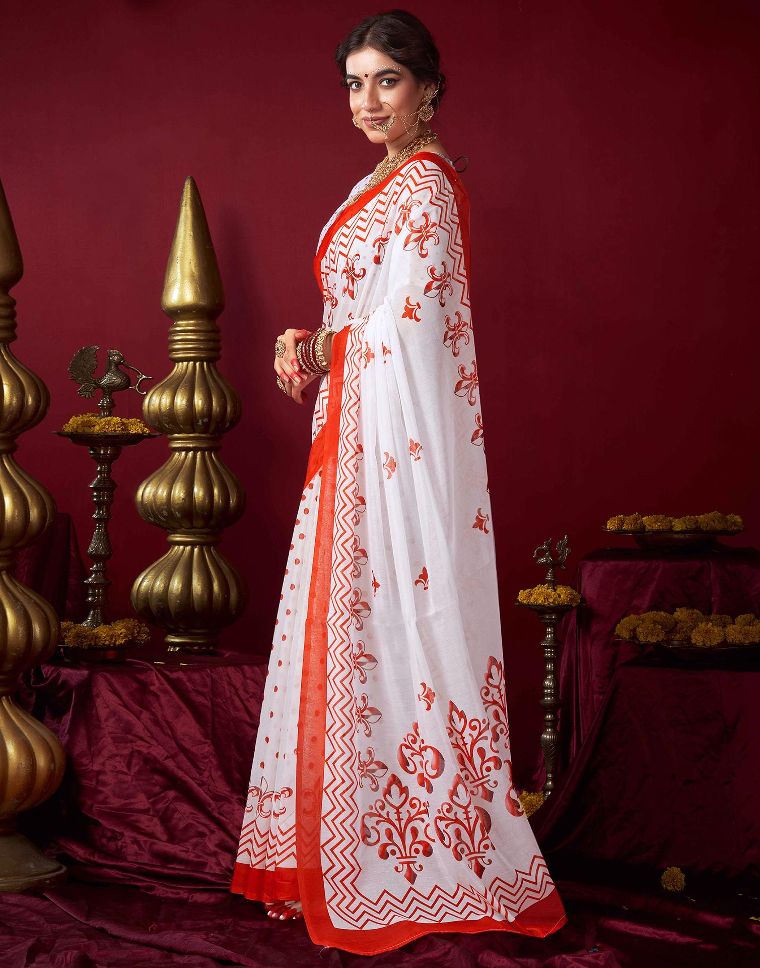 Off White Chanderi Printed Saree