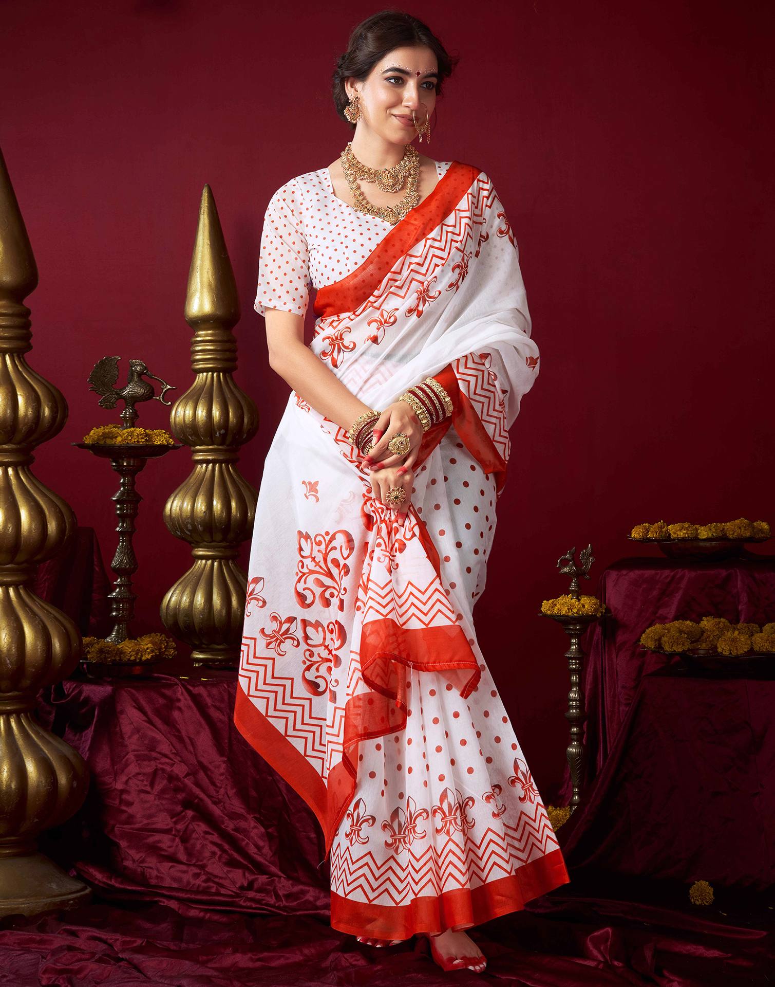 Off White Chanderi Printed Saree