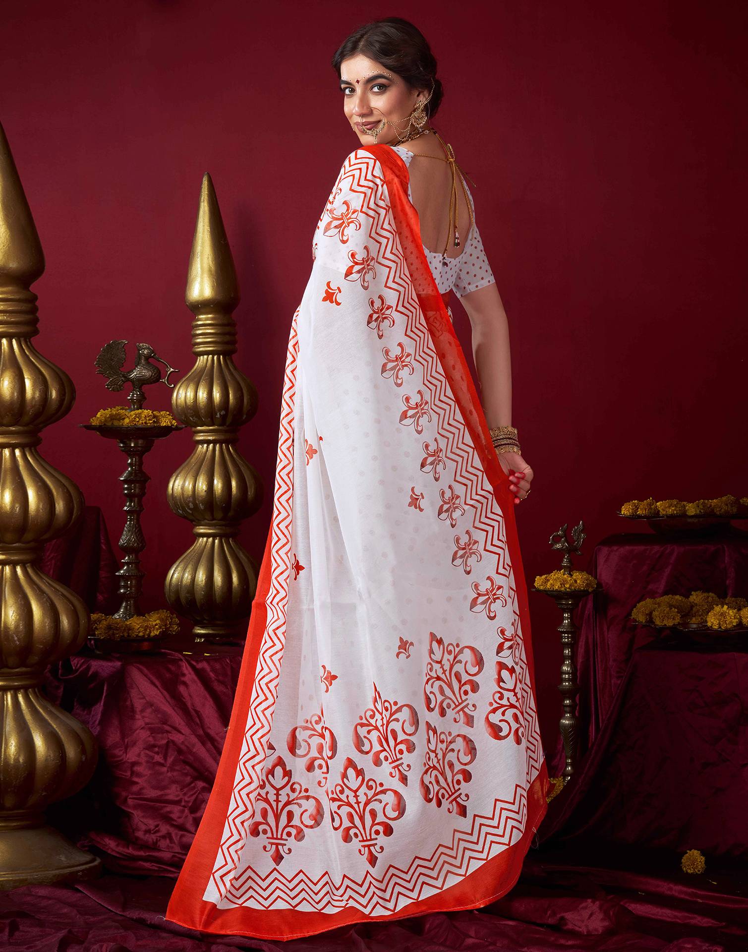 Off White Chanderi Printed Saree