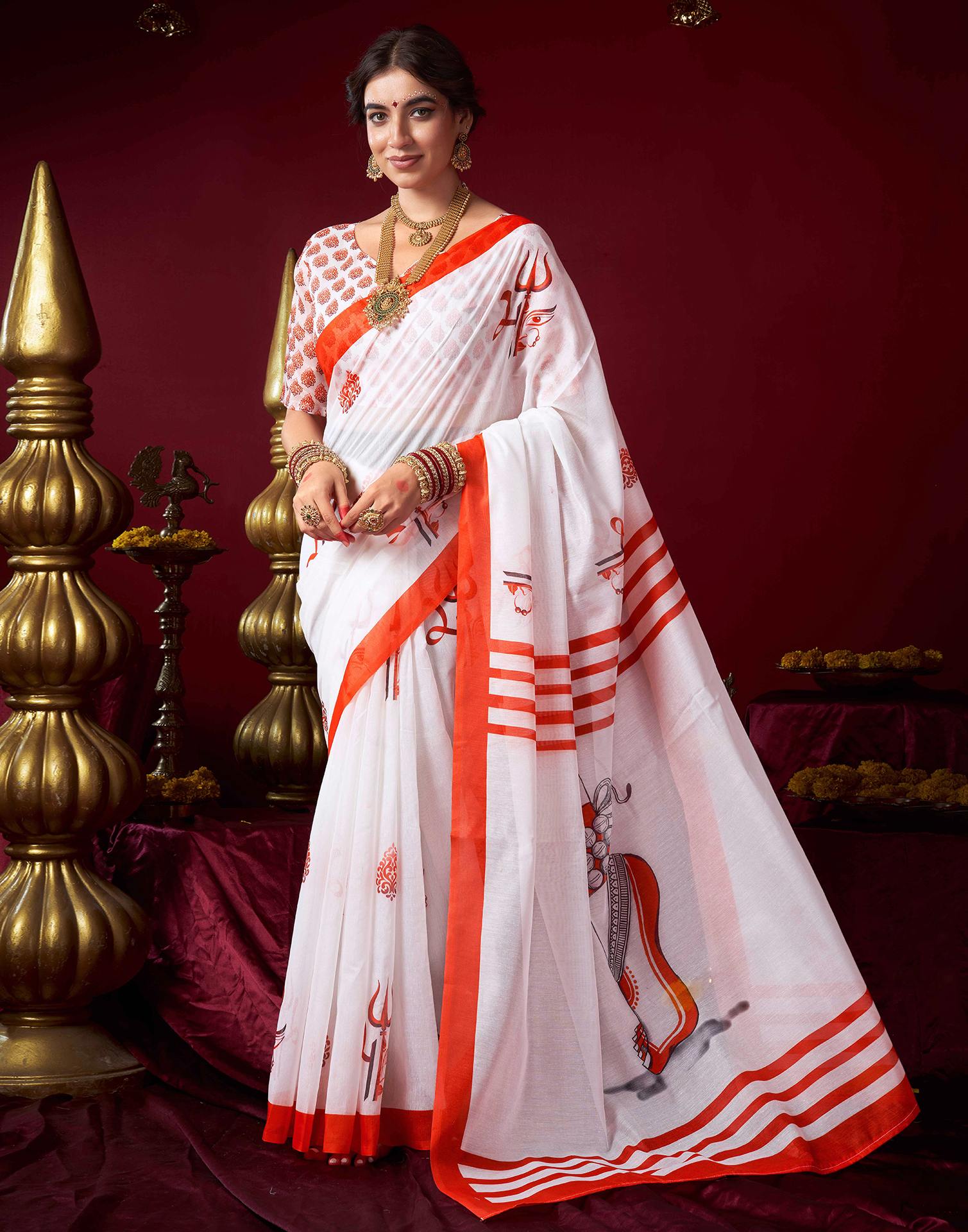 White Chanderi Printed Saree