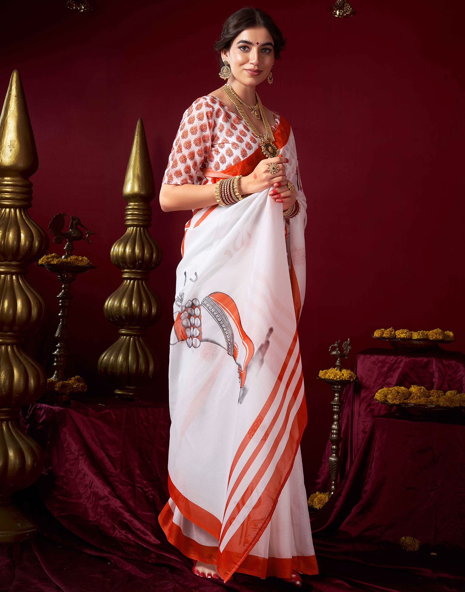 White Chanderi Printed Saree