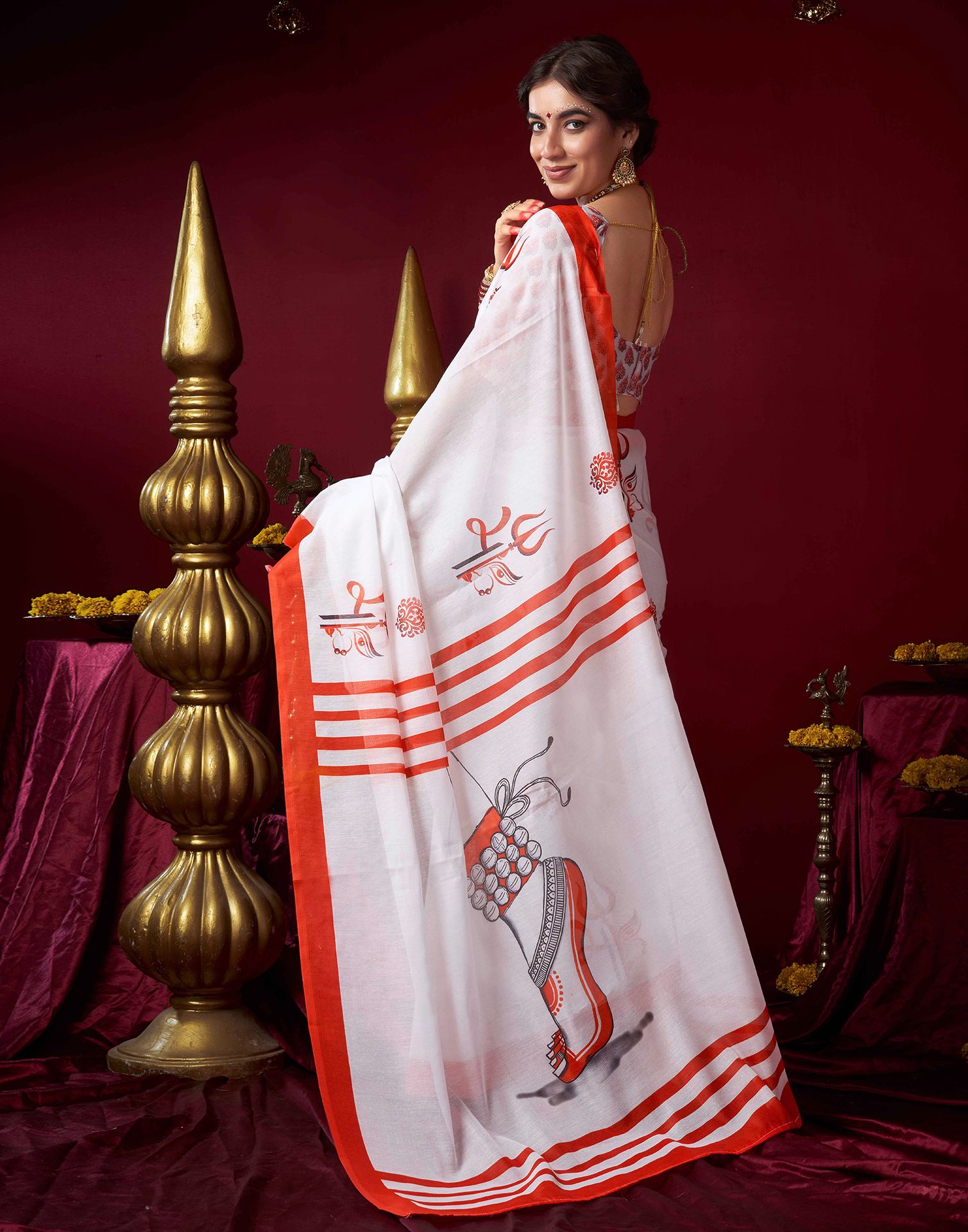 White Chanderi Printed Saree