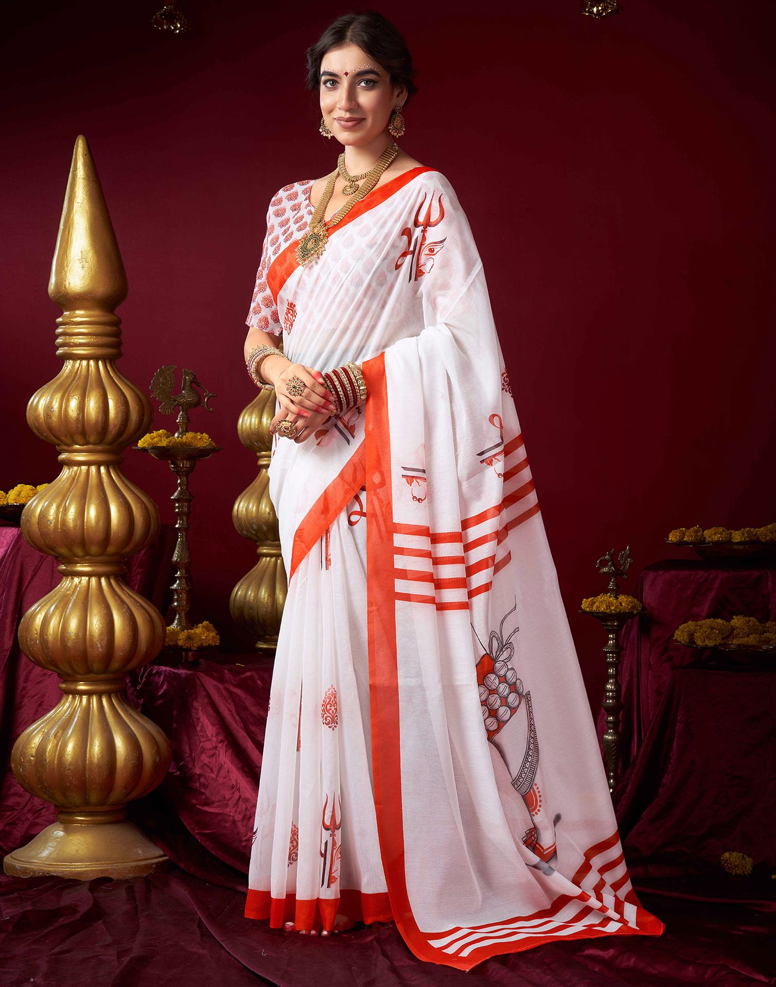 White Chanderi Printed Saree