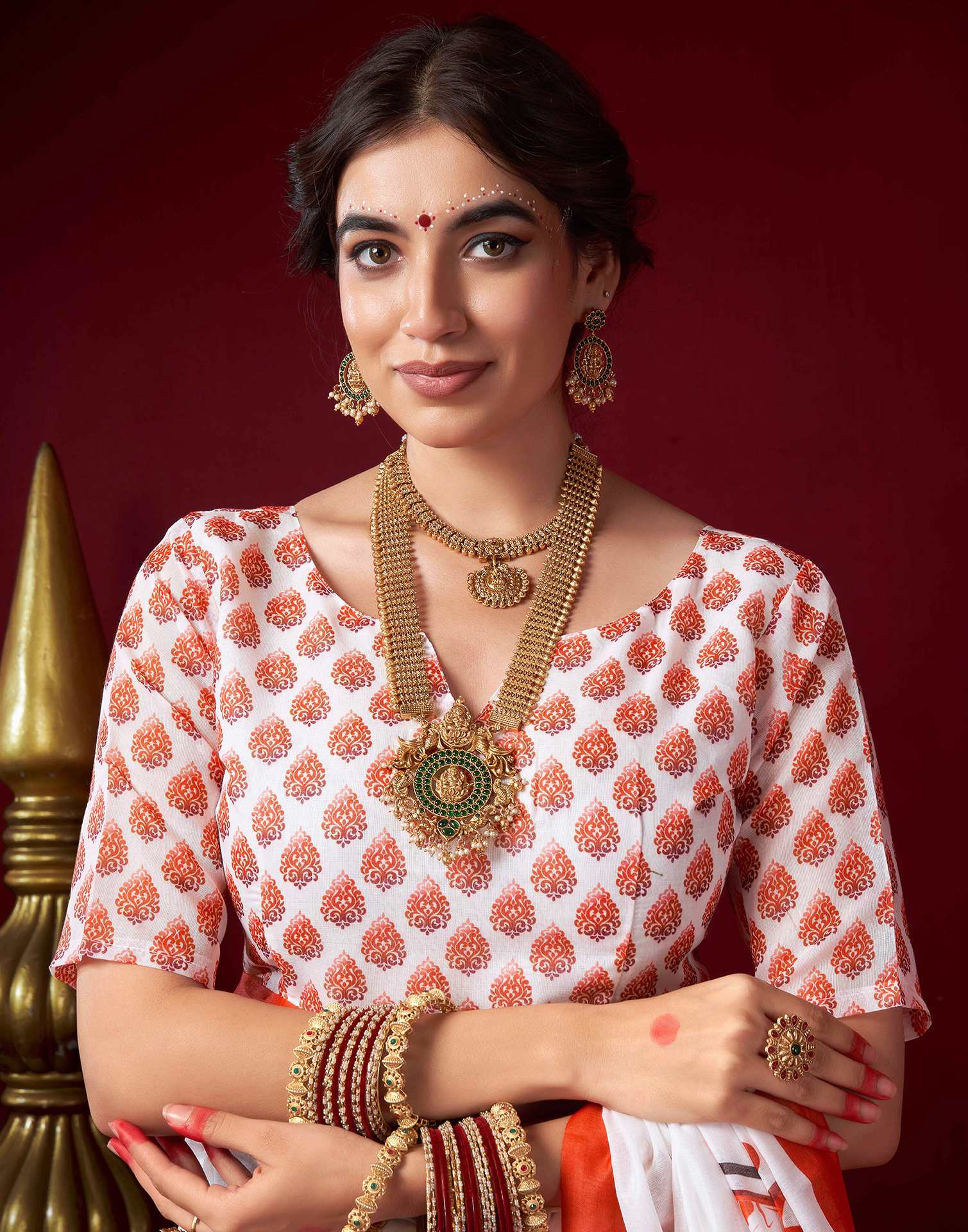 White Chanderi Printed Saree