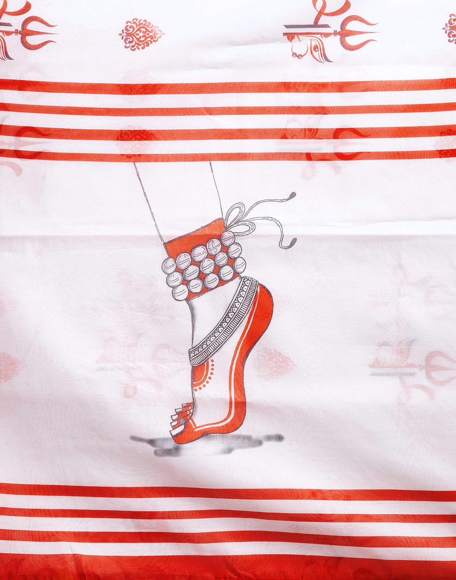 White Chanderi Printed Saree