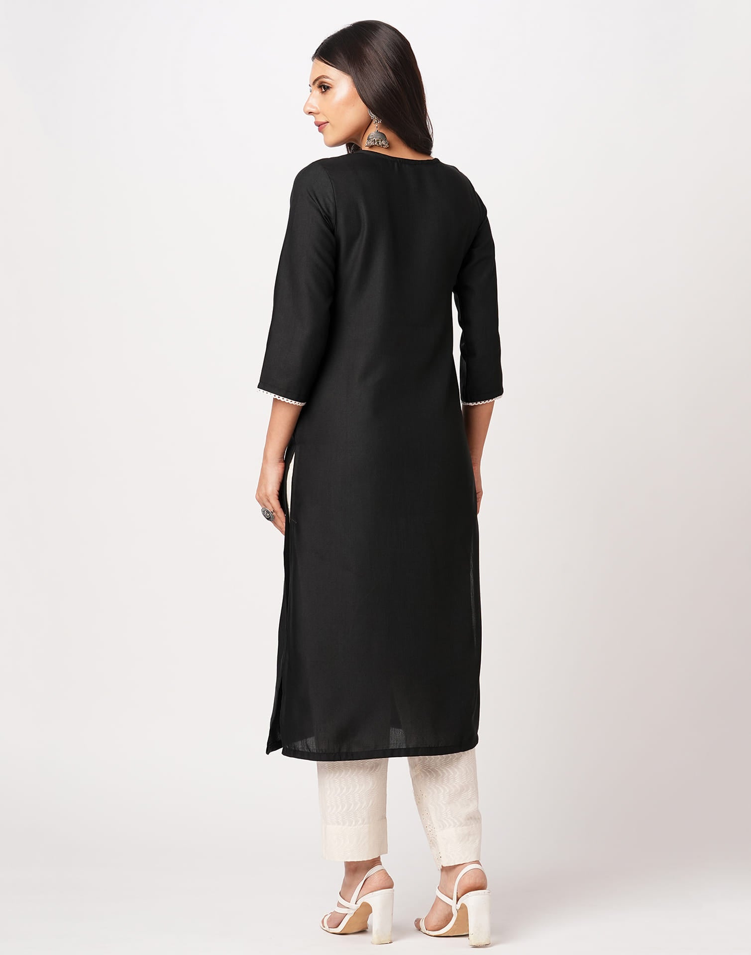 Black Cotton Embroidery Straight Kurti