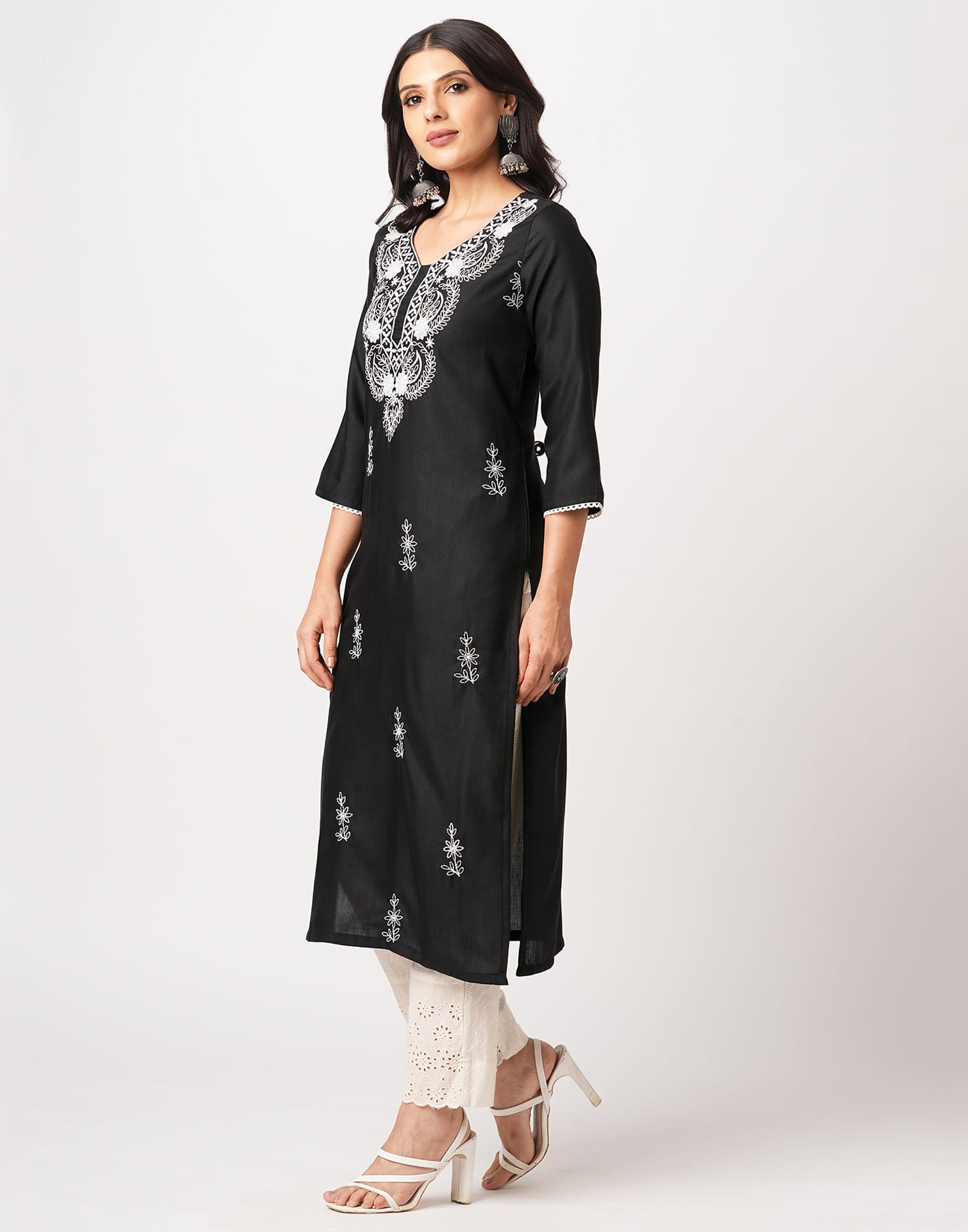 Black Cotton Embroidery Straight Kurti