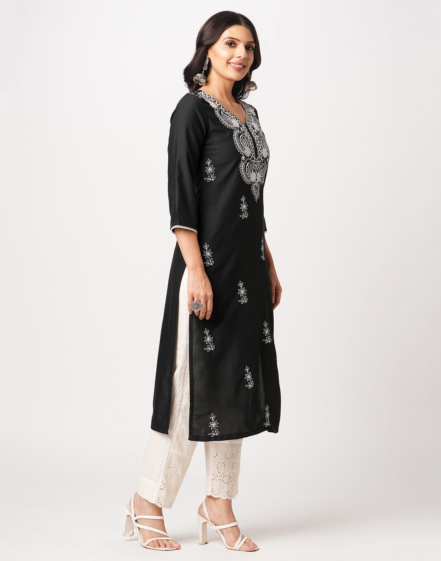 Black Cotton Embroidery Straight Kurti
