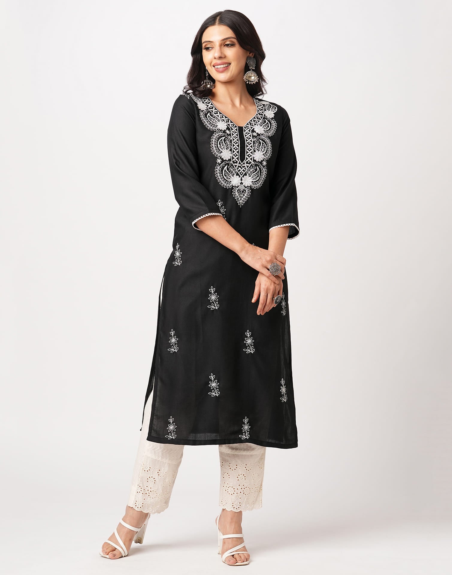 Black Cotton Embroidery Straight Kurti