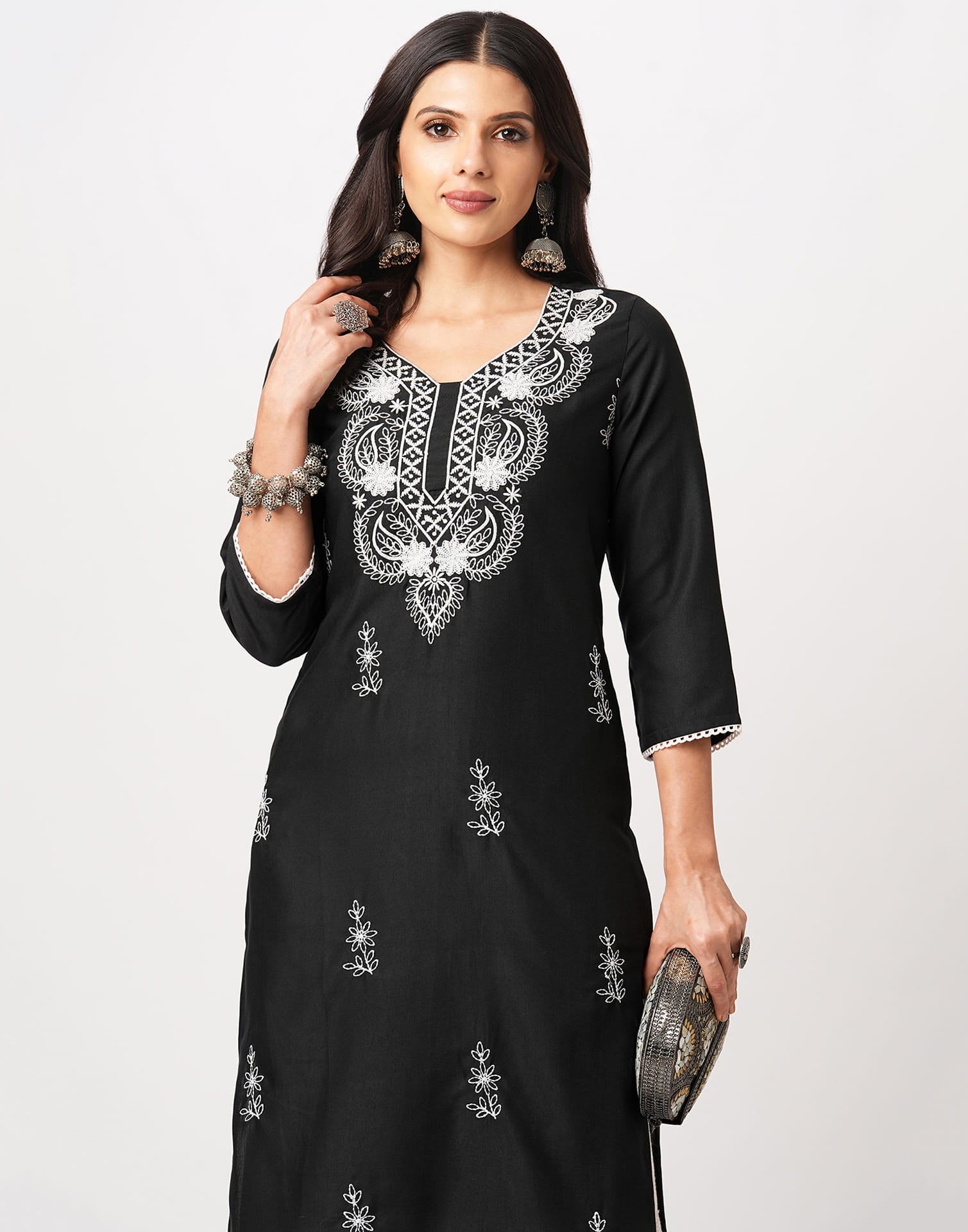 Black Cotton Embroidery Straight Kurti