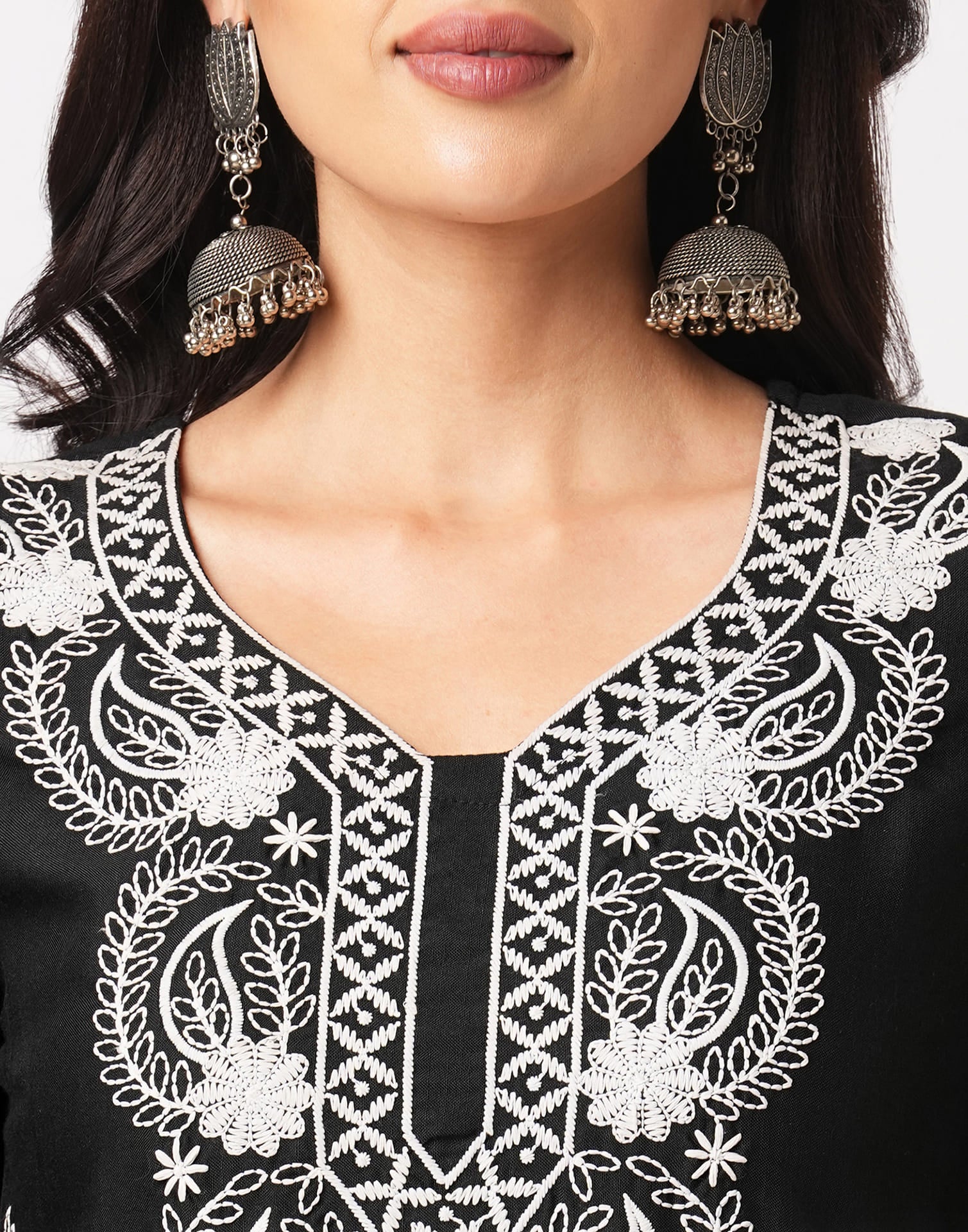 Black Cotton Embroidery Straight Kurti