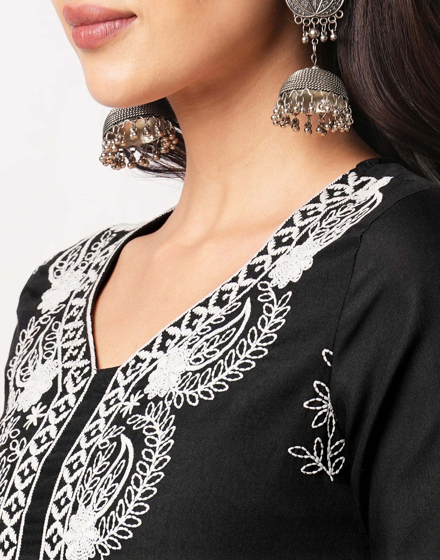 Black Cotton Embroidery Straight Kurti