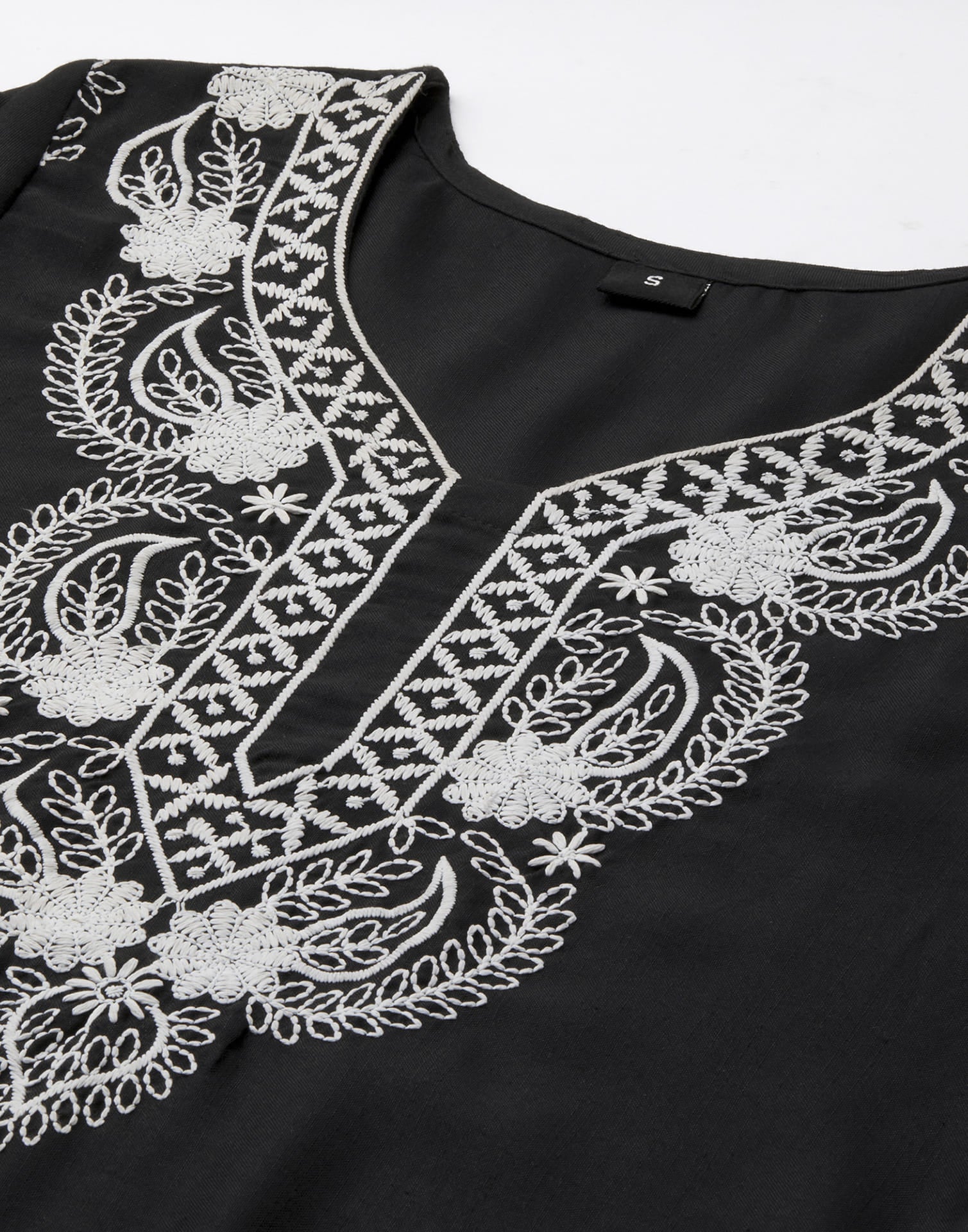 Black Cotton Embroidery Straight Kurti