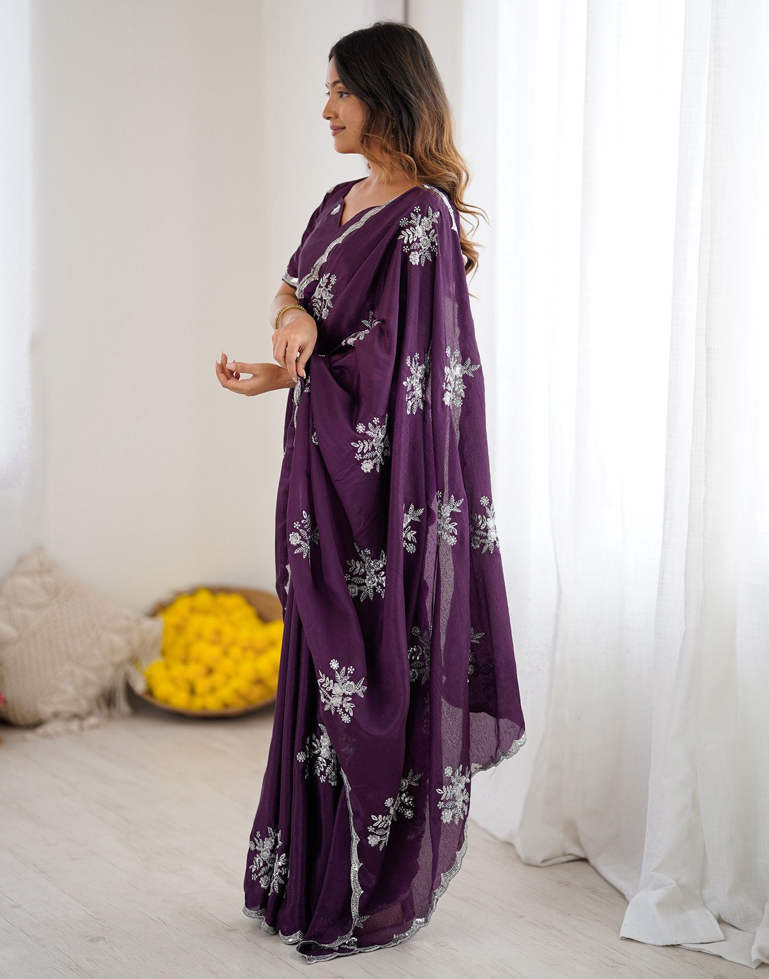 Wine Chinnon Sequence Embroidery Saree