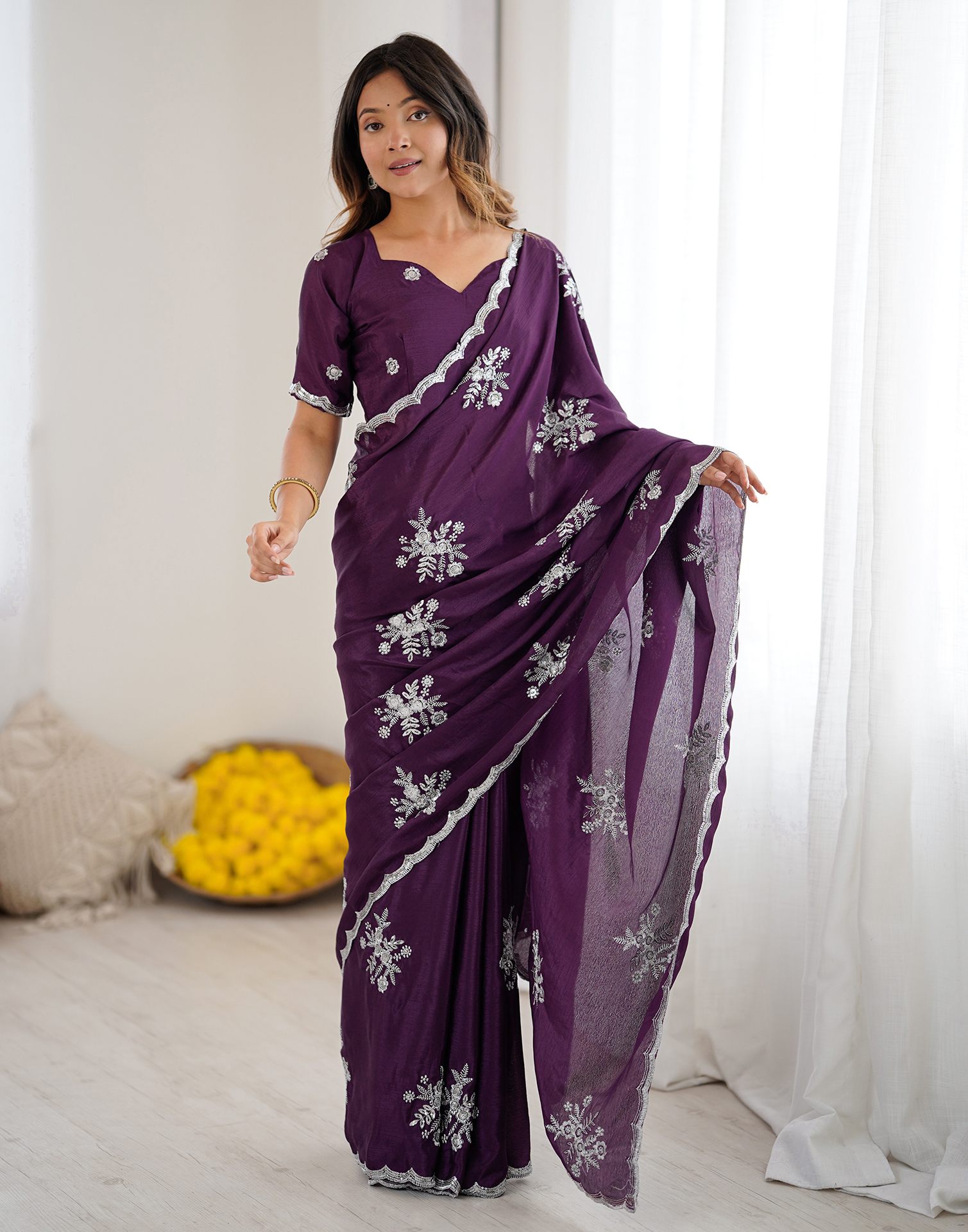 Wine Chinnon Sequence Embroidery Saree
