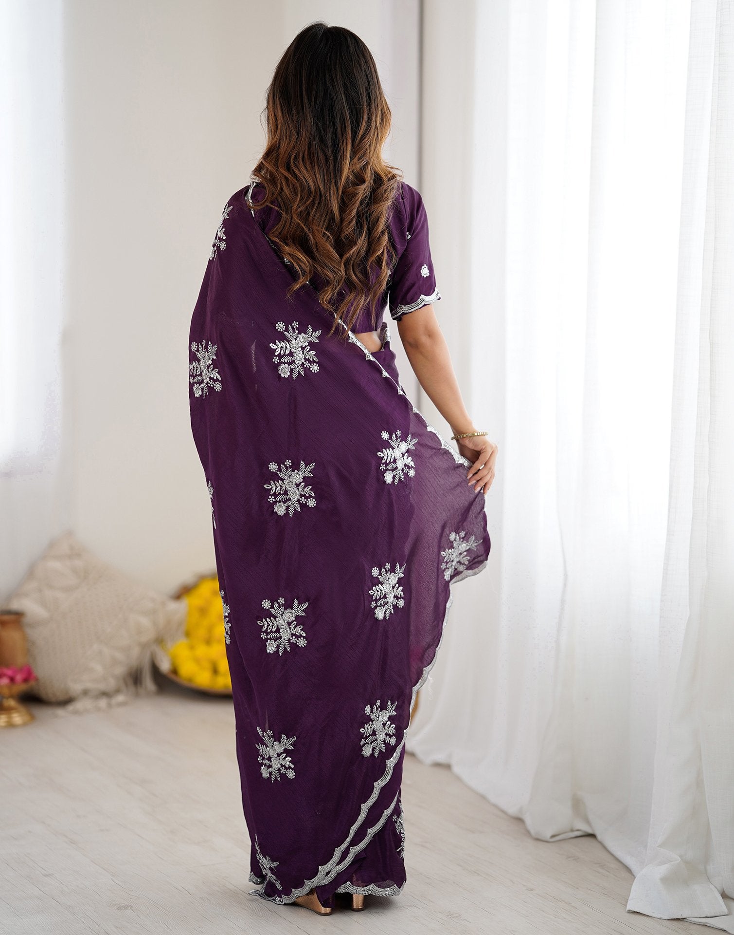 Wine Chinnon Sequence Embroidery Saree