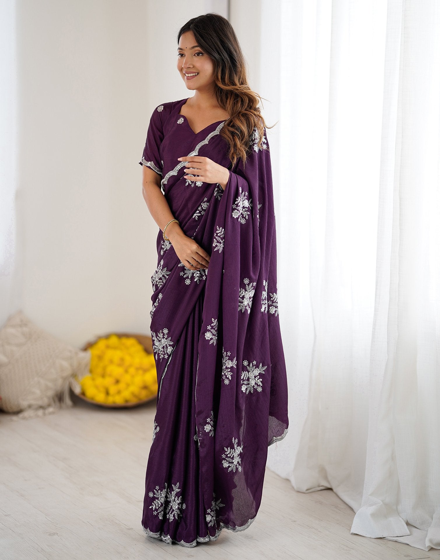 Wine Chinnon Sequence Embroidery Saree