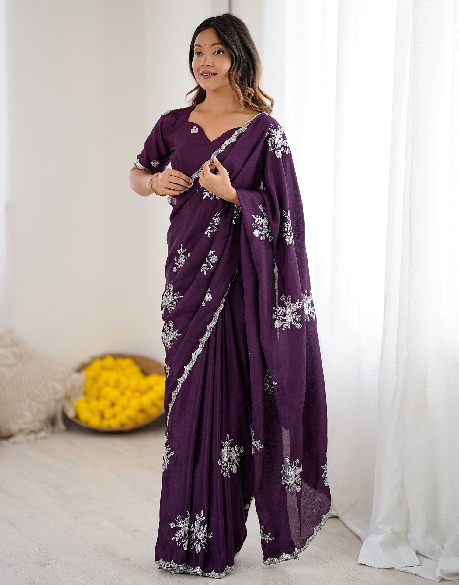 Wine Chinnon Sequence Embroidery Saree