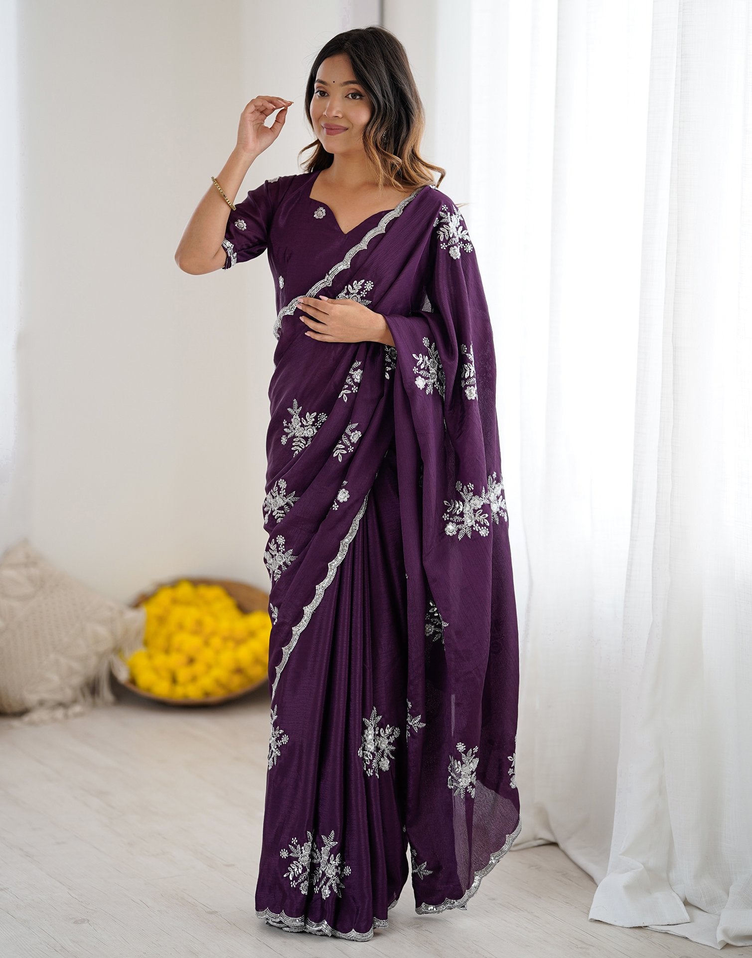 Wine Chinnon Sequence Embroidery Saree