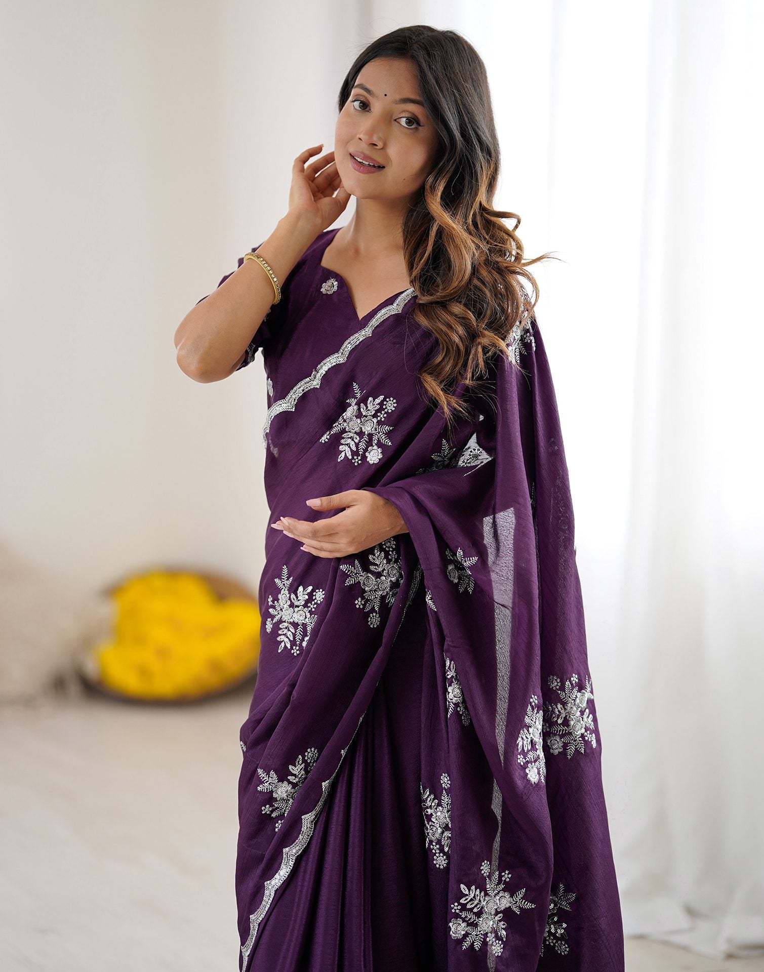 Wine Chinnon Sequence Embroidery Saree