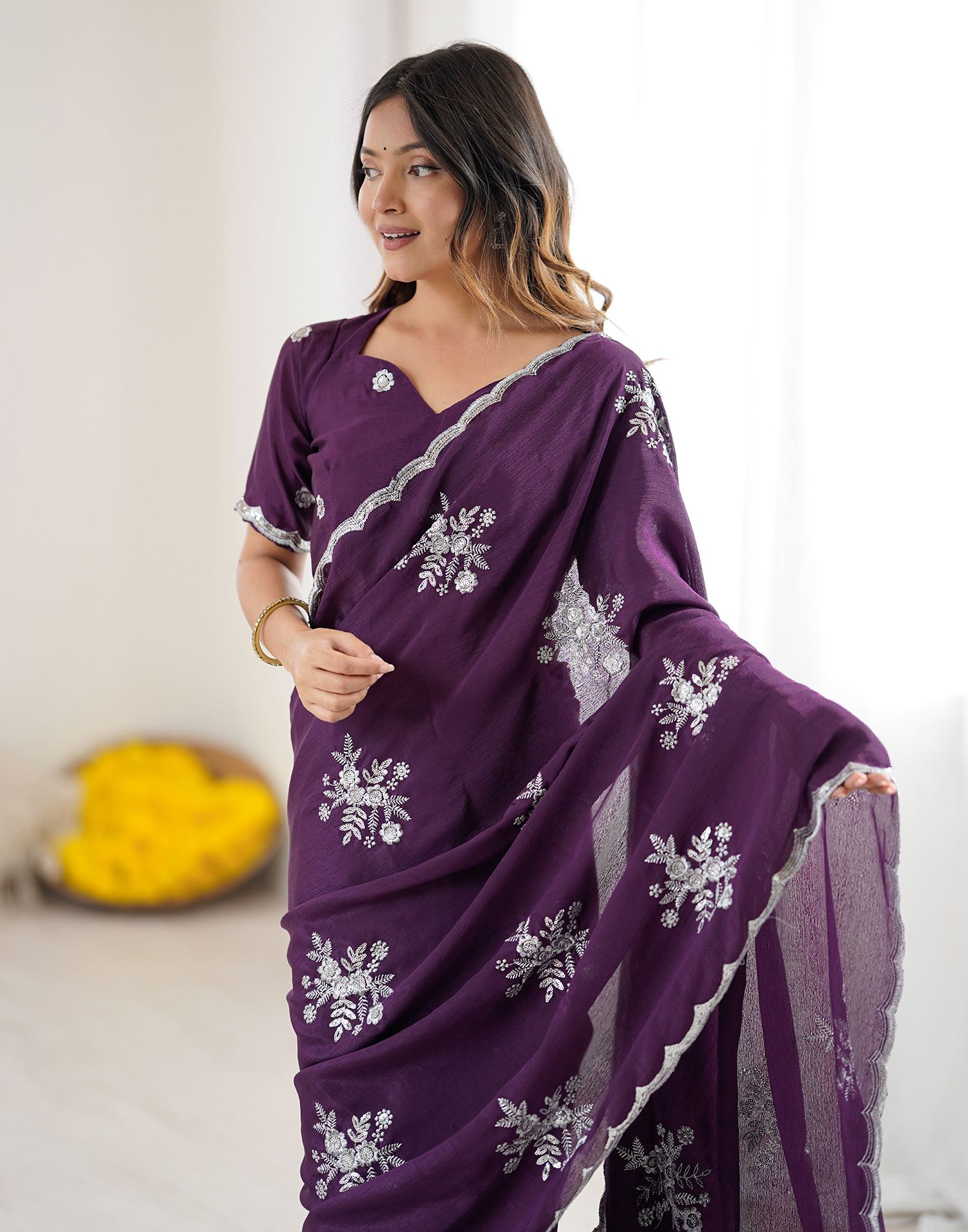 Wine Chinnon Sequence Embroidery Saree