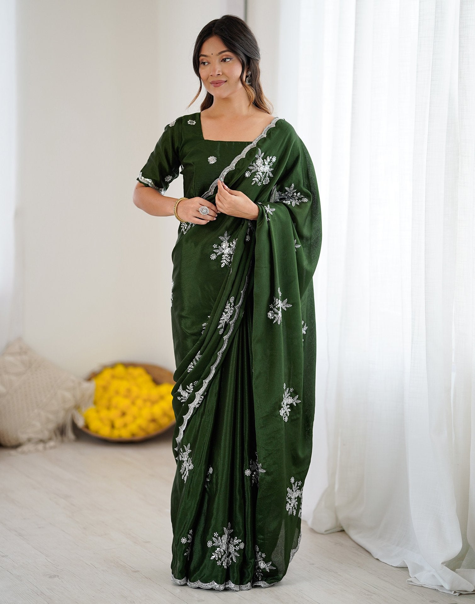 Mehndi Green Chinnon Sequence Embroidery Saree
