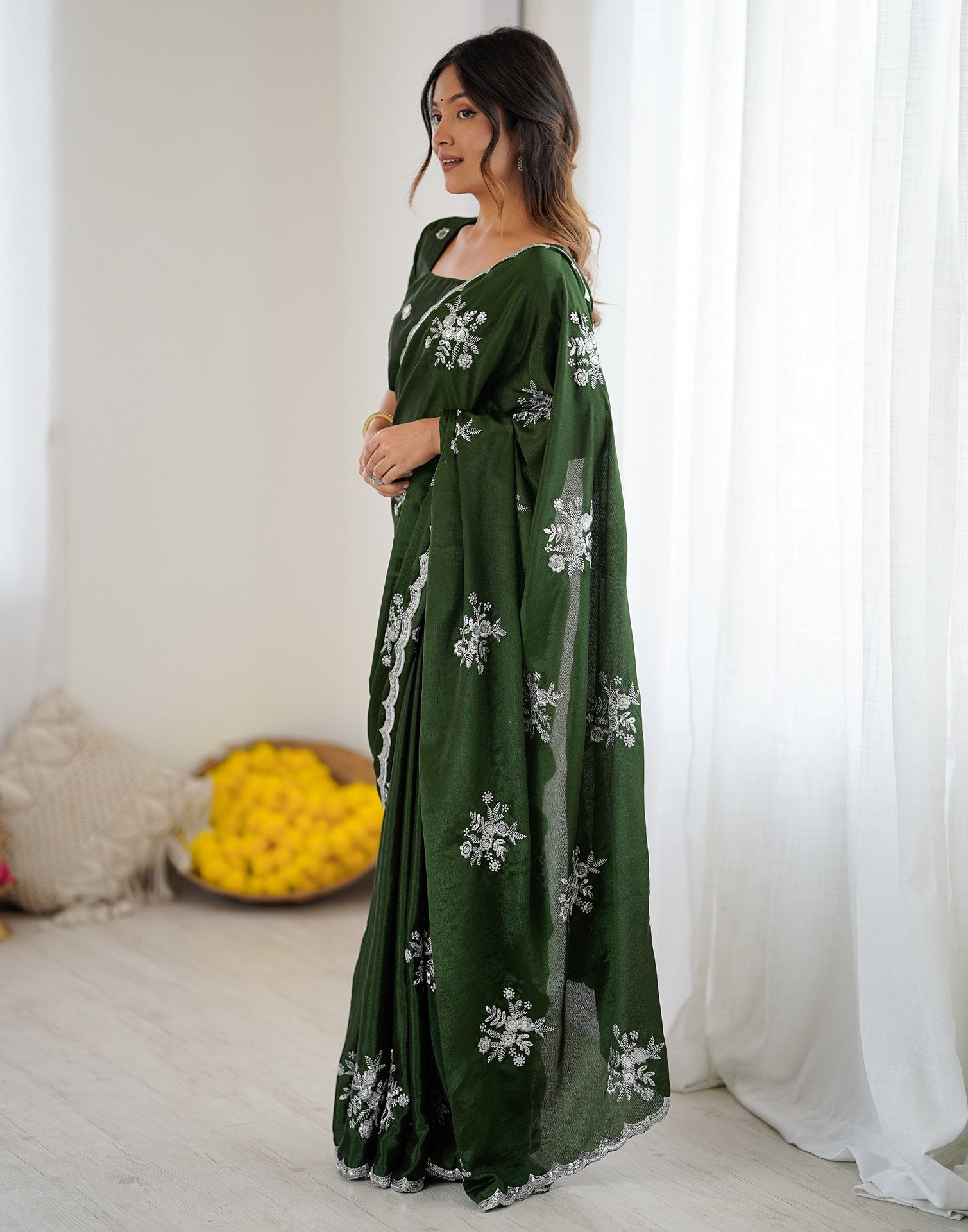 Mehndi Green Chinnon Sequence Embroidery Saree