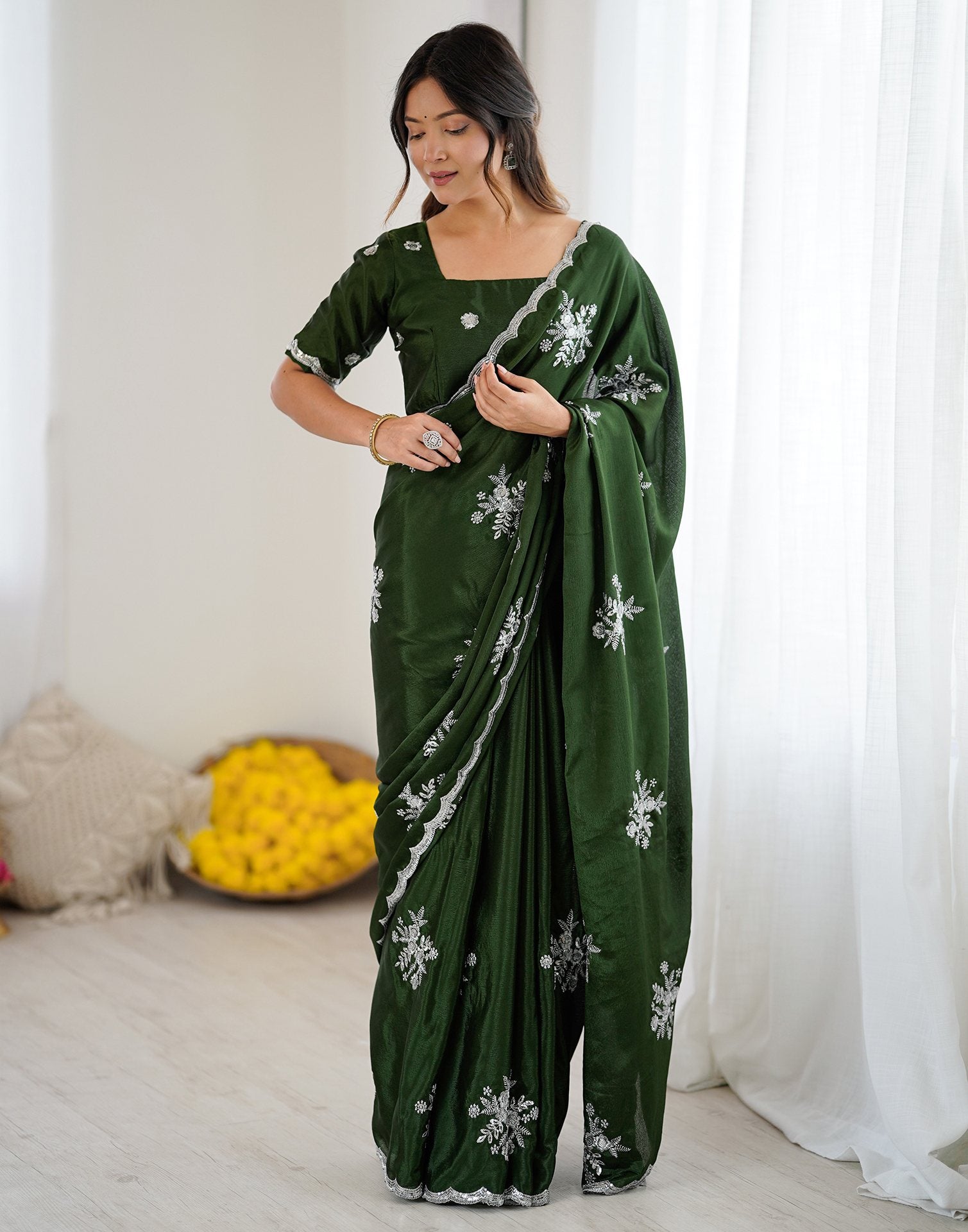 Mehndi Green Chinnon Sequence Embroidery Saree